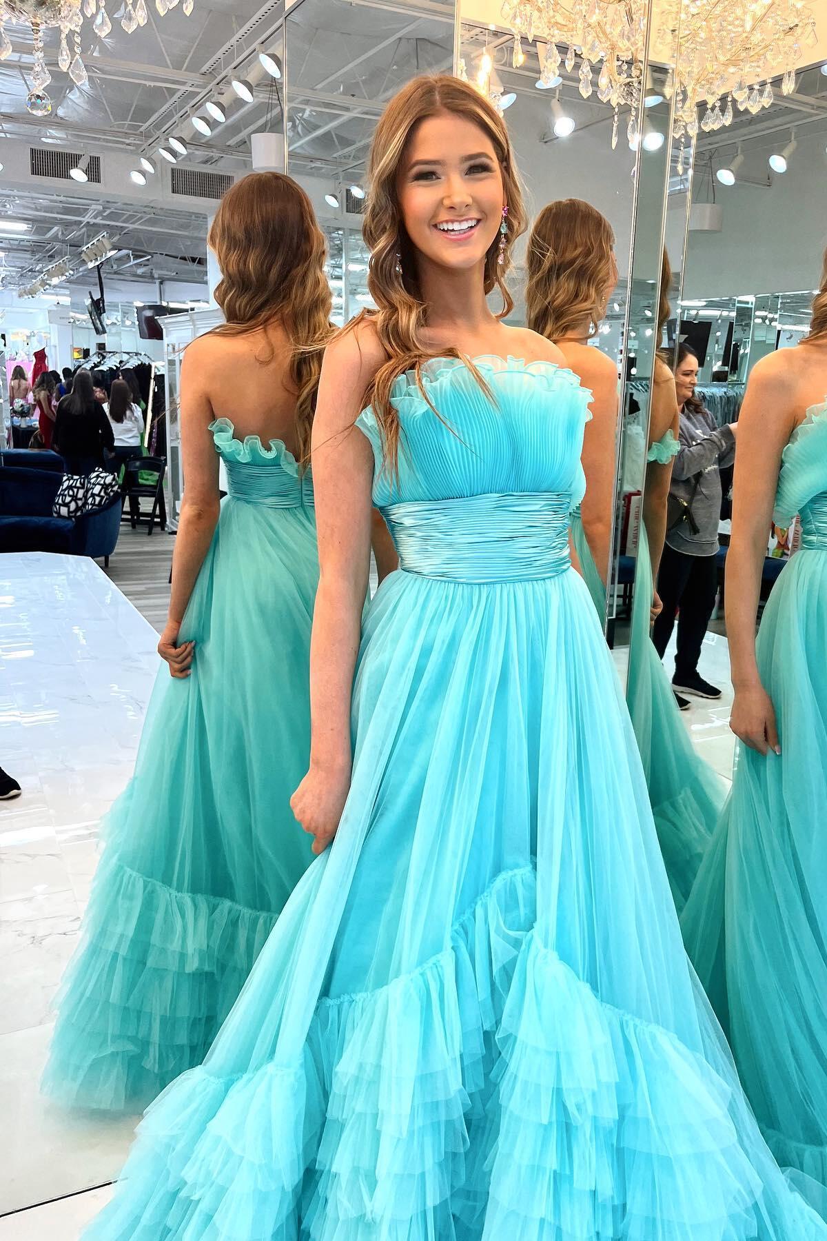 Fit and Flare Red Tulle Ruffles Long Formal Gown