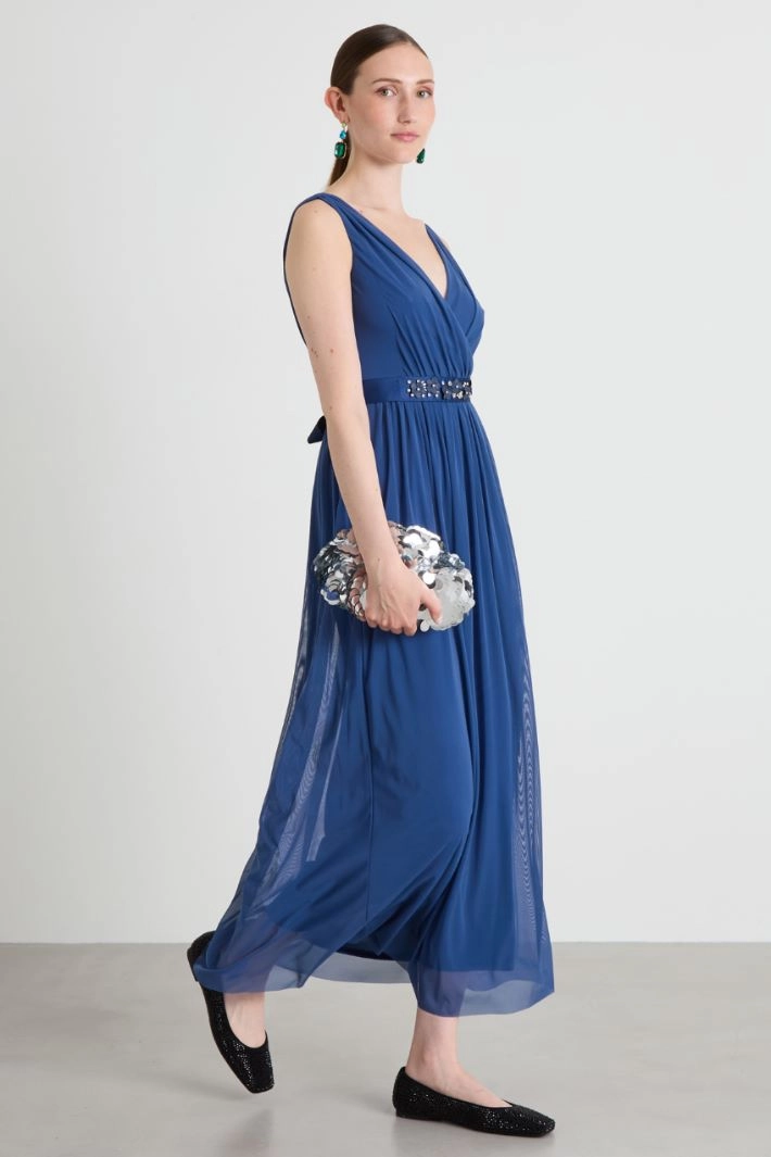 Long tulle dress with belt - BLUE