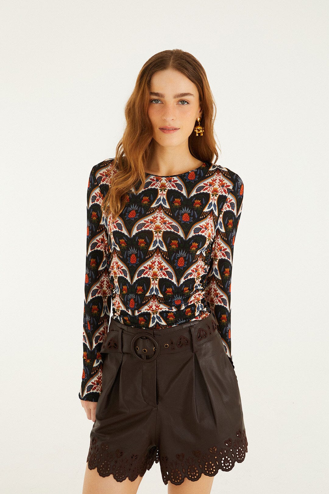 Black Porcelain Birds Long Sleeve Jersey Blouse
