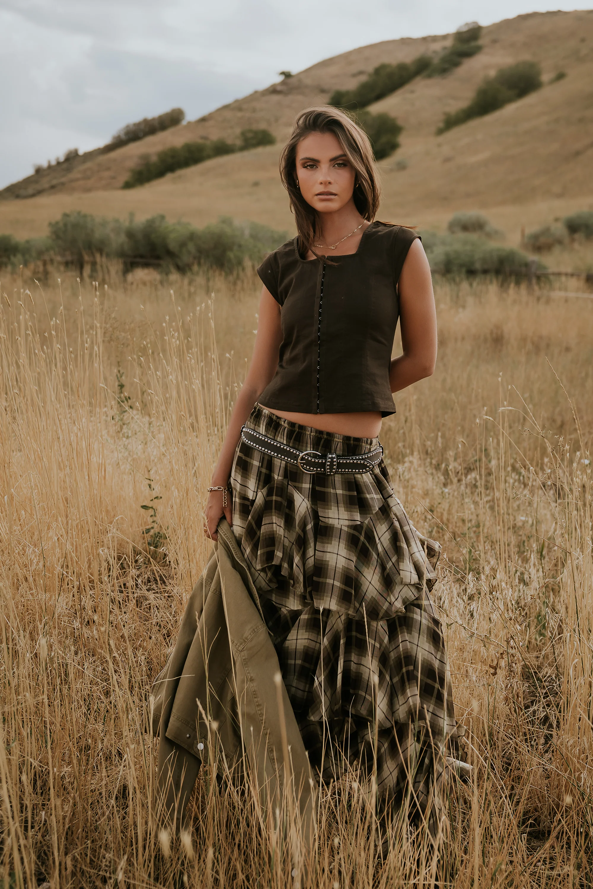 Allyson Plaid Ruffle Midi Skirt