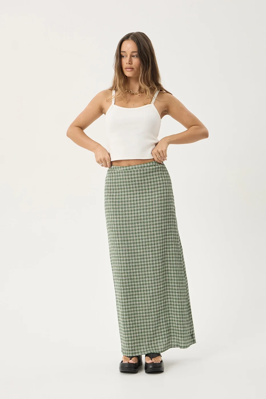 AFENDS Womens Lita - Seersucker Maxi Skirt - Base Deep Green Check