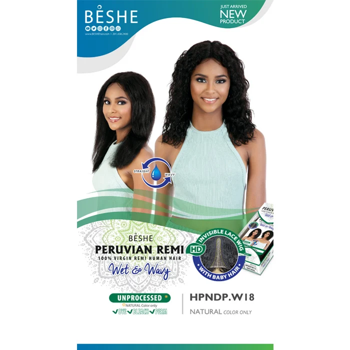 Beshe Peruvian Remi 100% Virgin Remy Human Hair Wet & Wavy HD Lace Wig - HPNDP.W 18