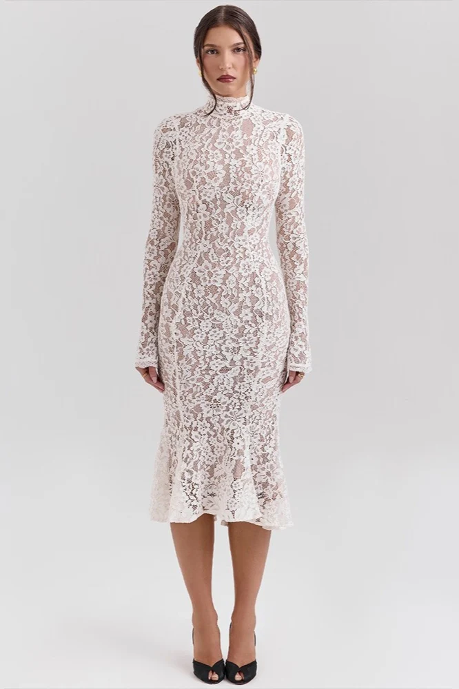 Round Neck Lace Long Sleeve Mermaid Midi Dress