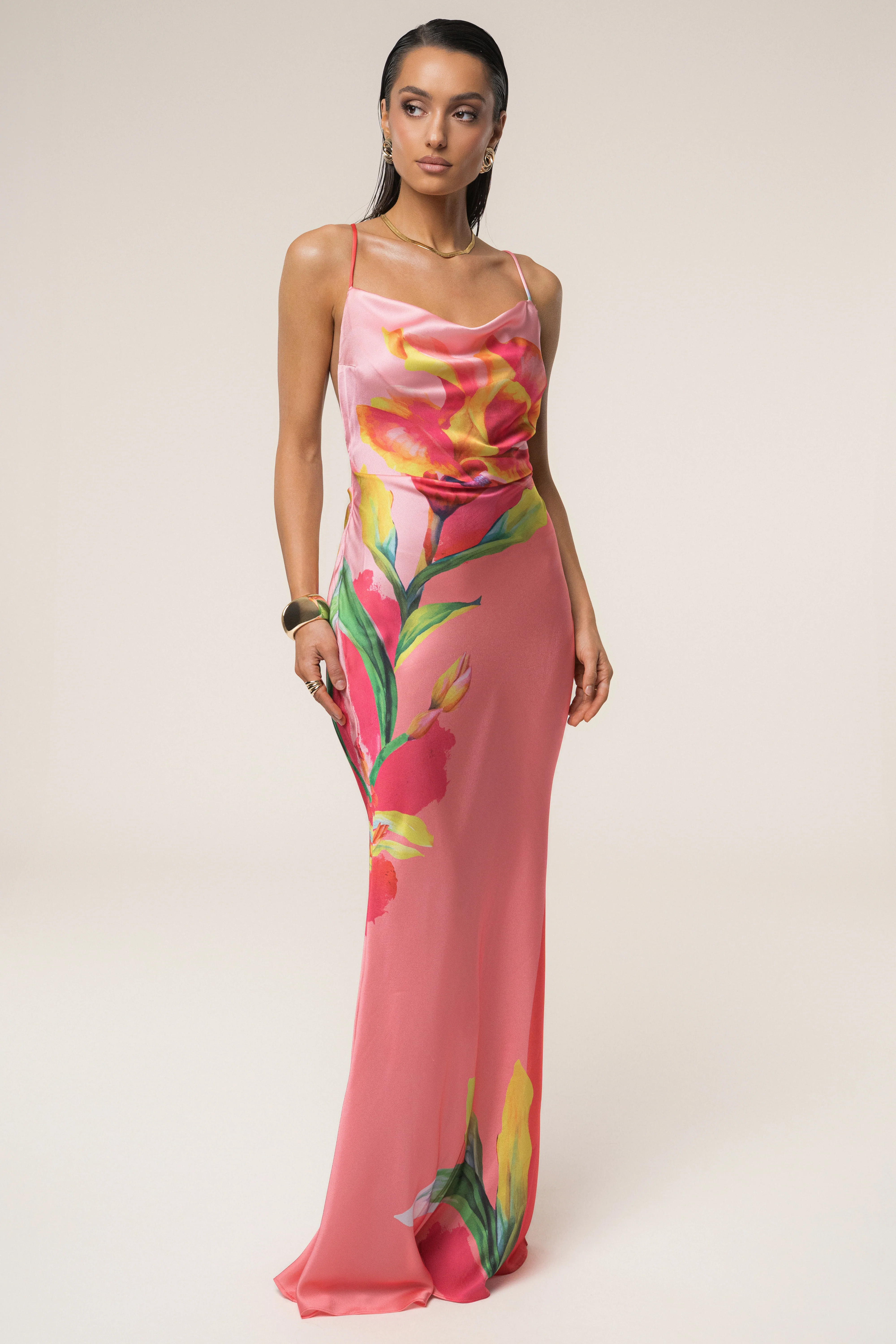 Pink Satin Floral Print Maxi Dress