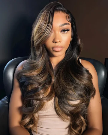 Ophirawig 360 Full Lace Glueless Auburn Highlights on Black Hair Body Wave Wig Invisi Drawstring Pull & Go