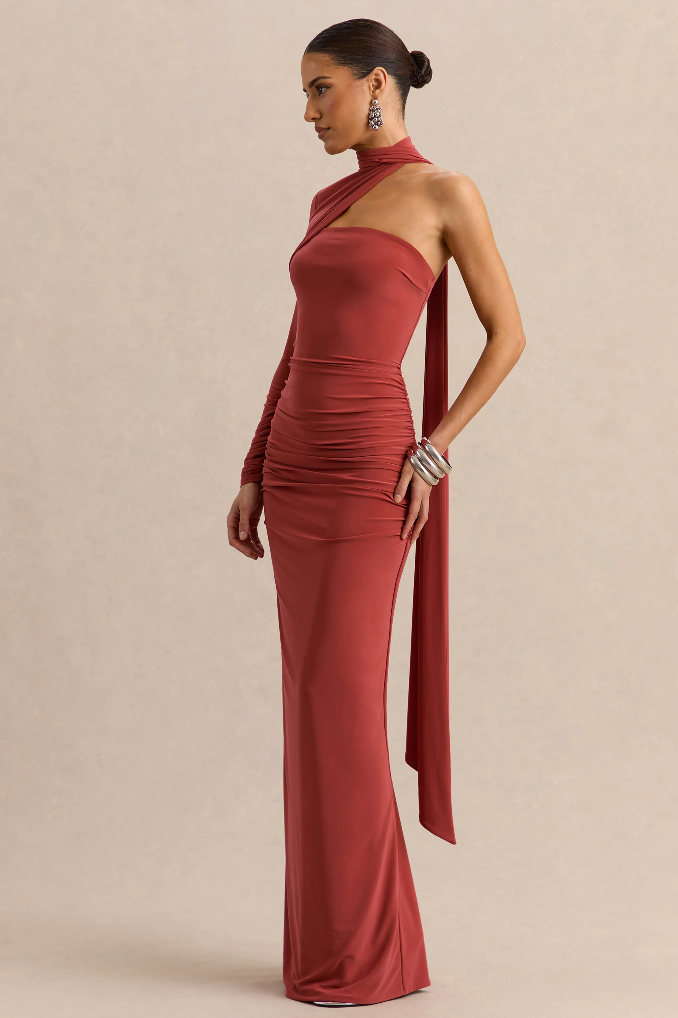 Cerisia | Rust Jersey One Sleeve Maxi Dress With Ruching and Sash