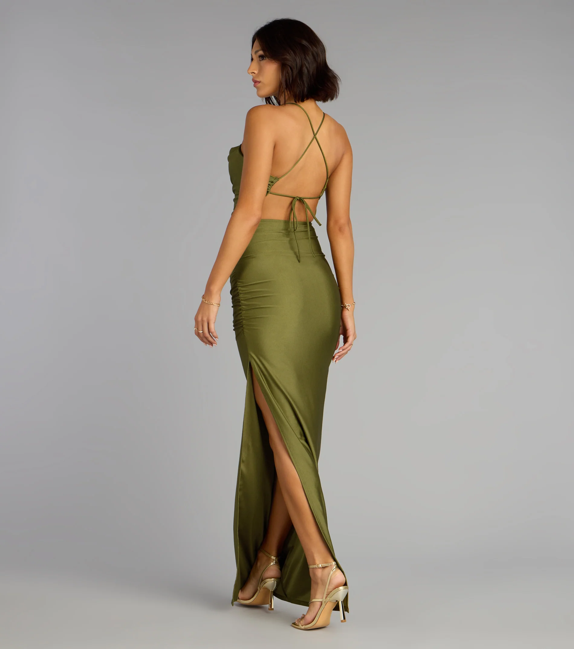 Stefani Lace-Up Slit Formal Dress