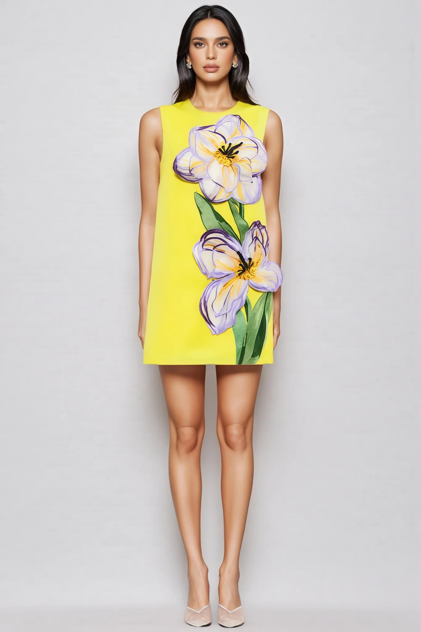 Garrisf Yellow 3D Floral Mini Dress