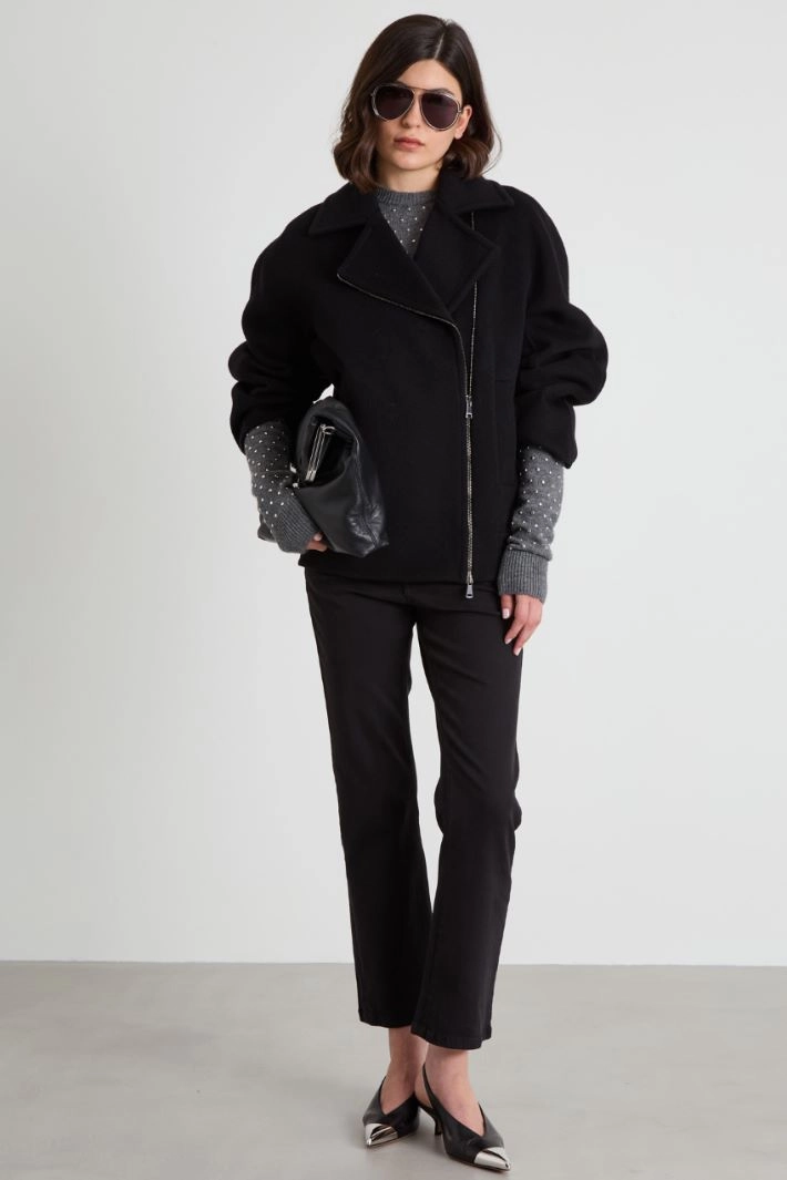 Wool double cloth pea coat - BLACK