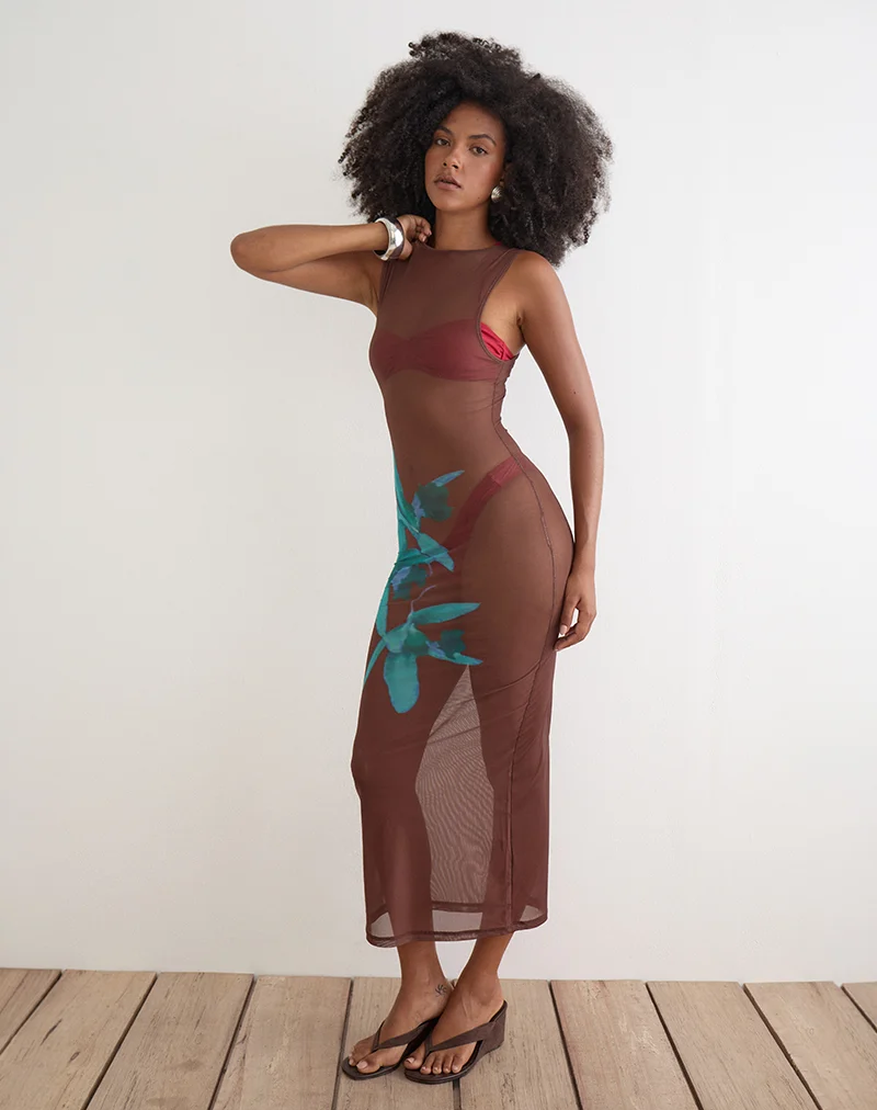 Fay Midi Dress in Brown with Blue Desert Rose