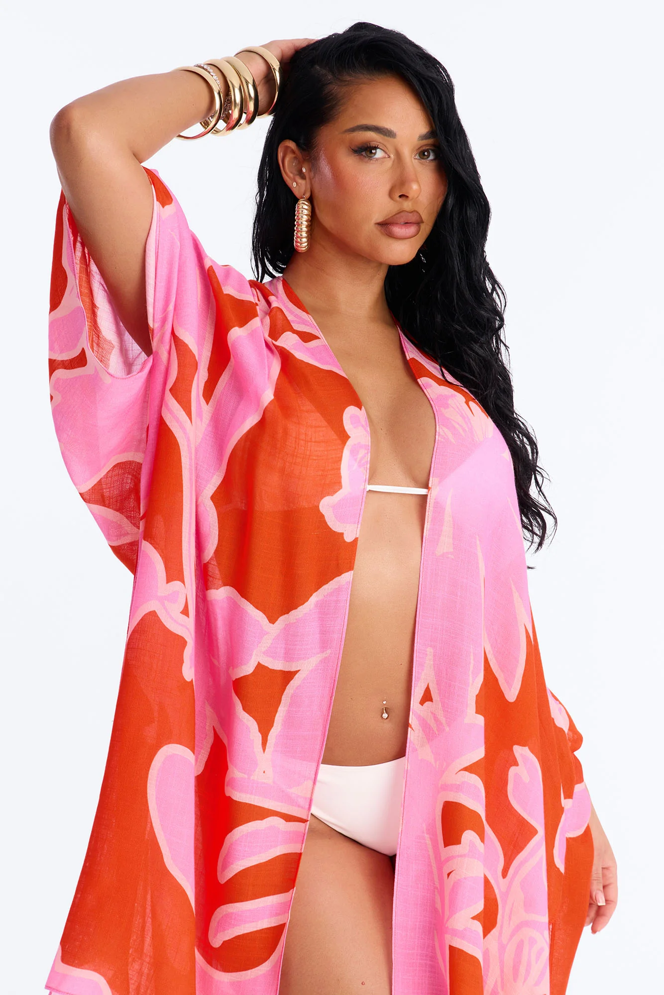 Seas The Day Abstract Swim Cover Up Kimono - Pink/combo