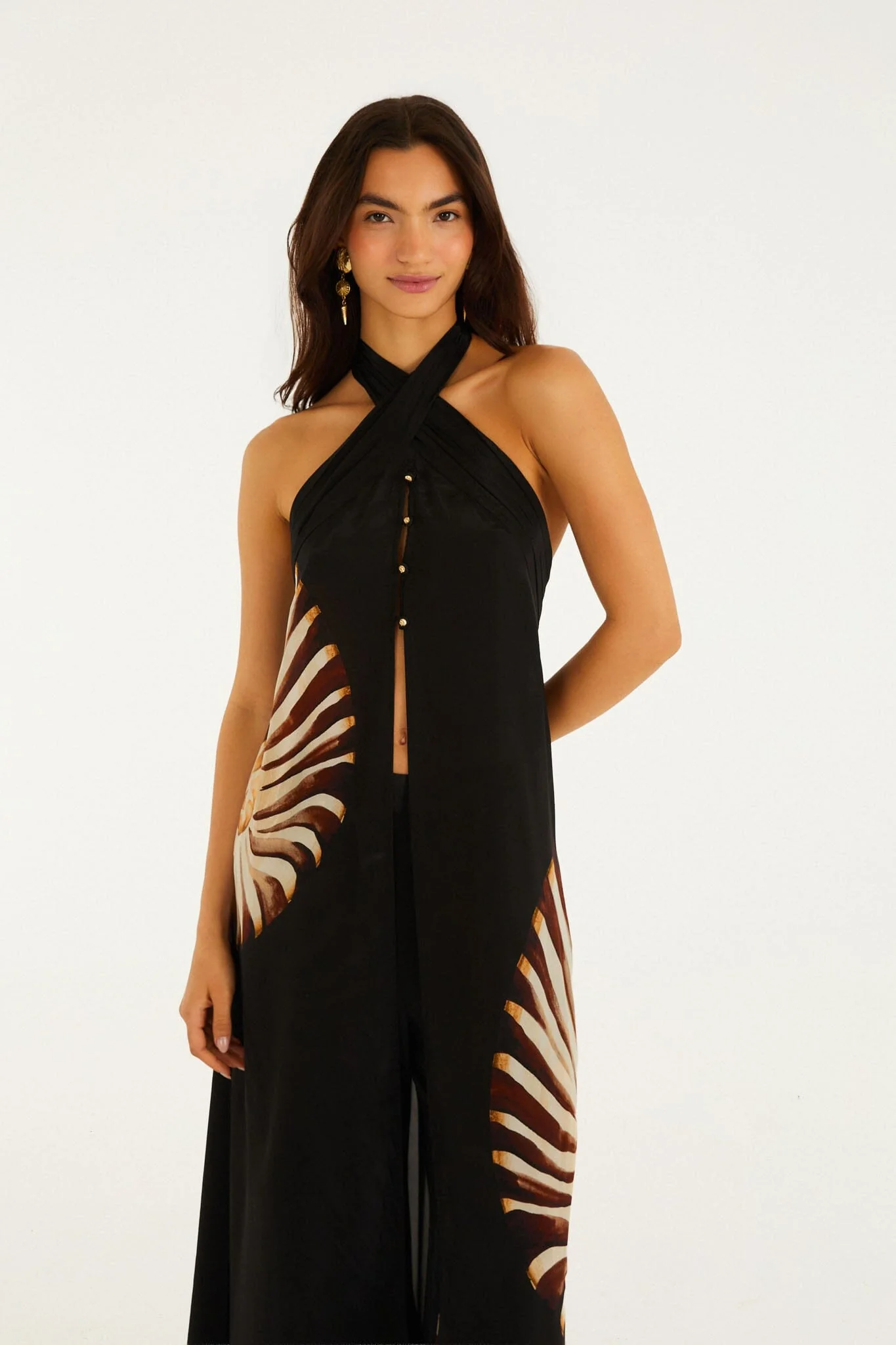Black Ammonite Halter Neck Open Front Midi Tunic