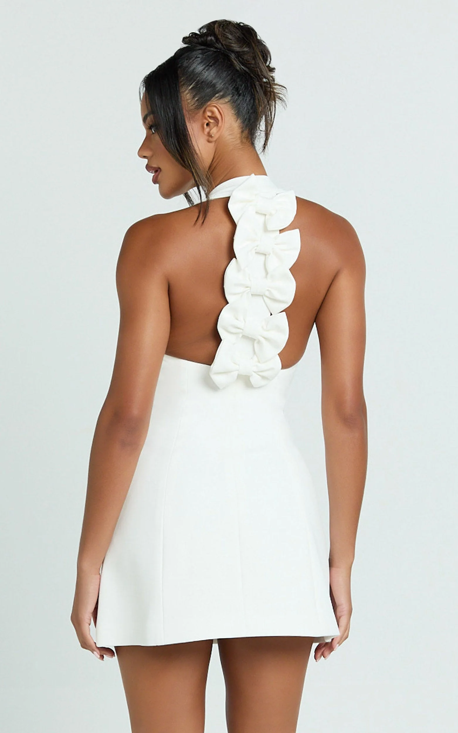 Yelena Mini Dress - Halter Neck Bow Detail Mini Dress in White