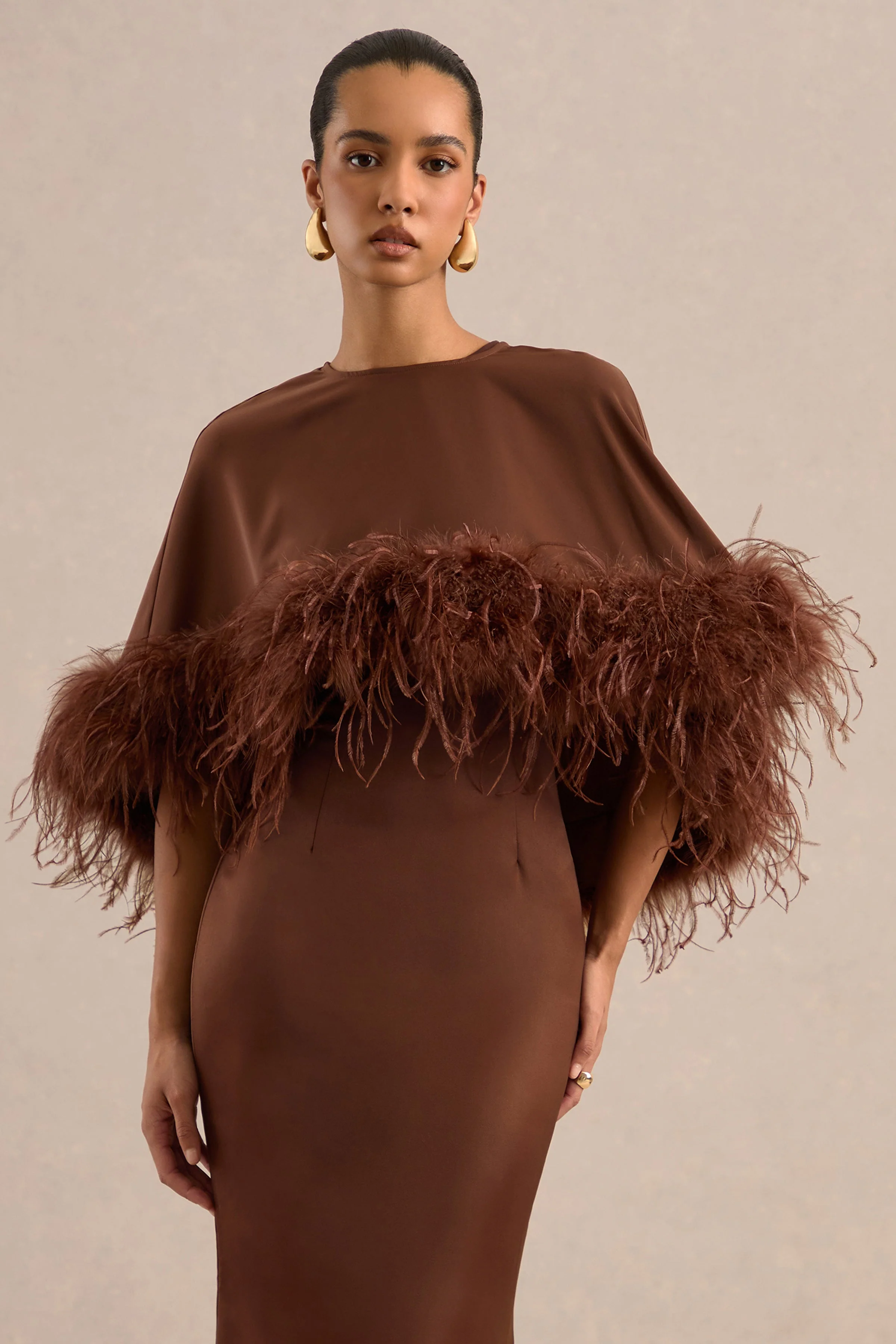 Tervessa | Brown Satin Round Neck Long Sleeve Cape With Feather Detailing