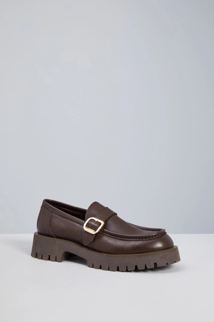 Leather loafers with strap - DARK BROWN