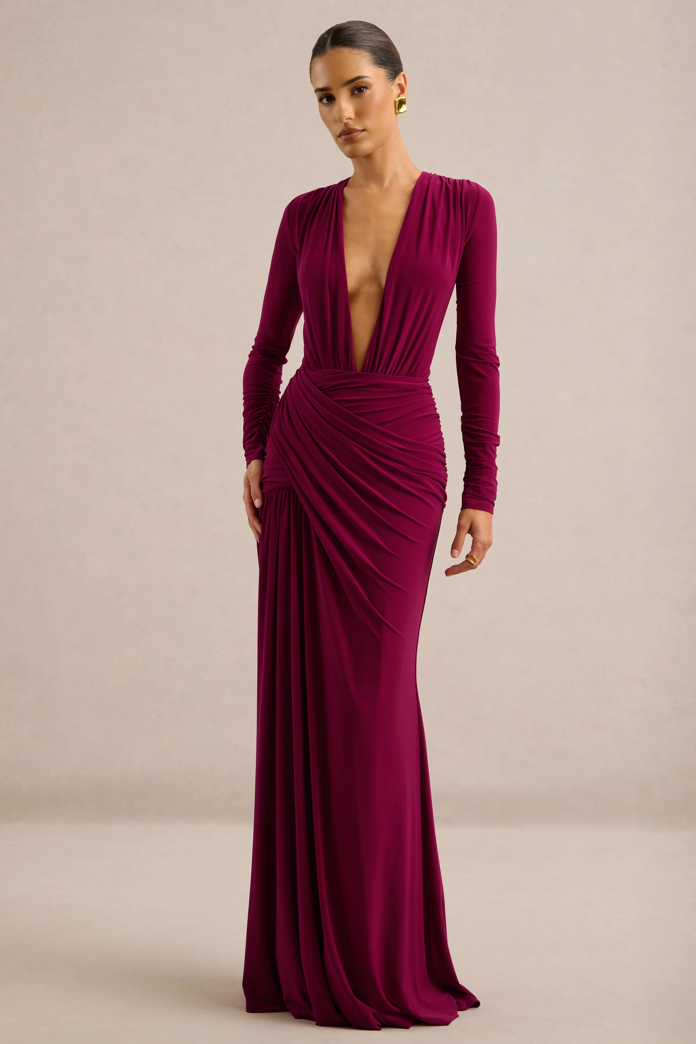 Tahlina | Burgundy Jersey Ruched Plunge Long Sleeve Maxi Dress With Draped Detailing
