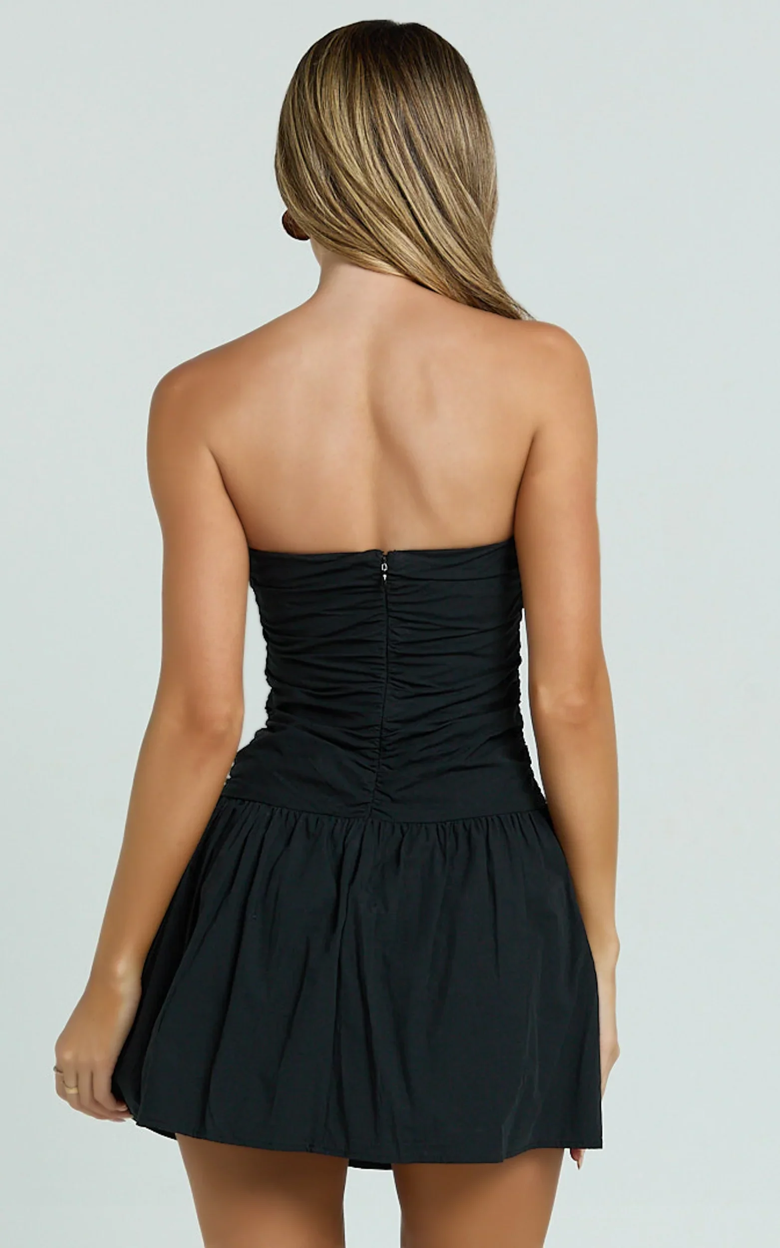 Donatella Mini Dress - Strapless Drop Waist Dress in Black
