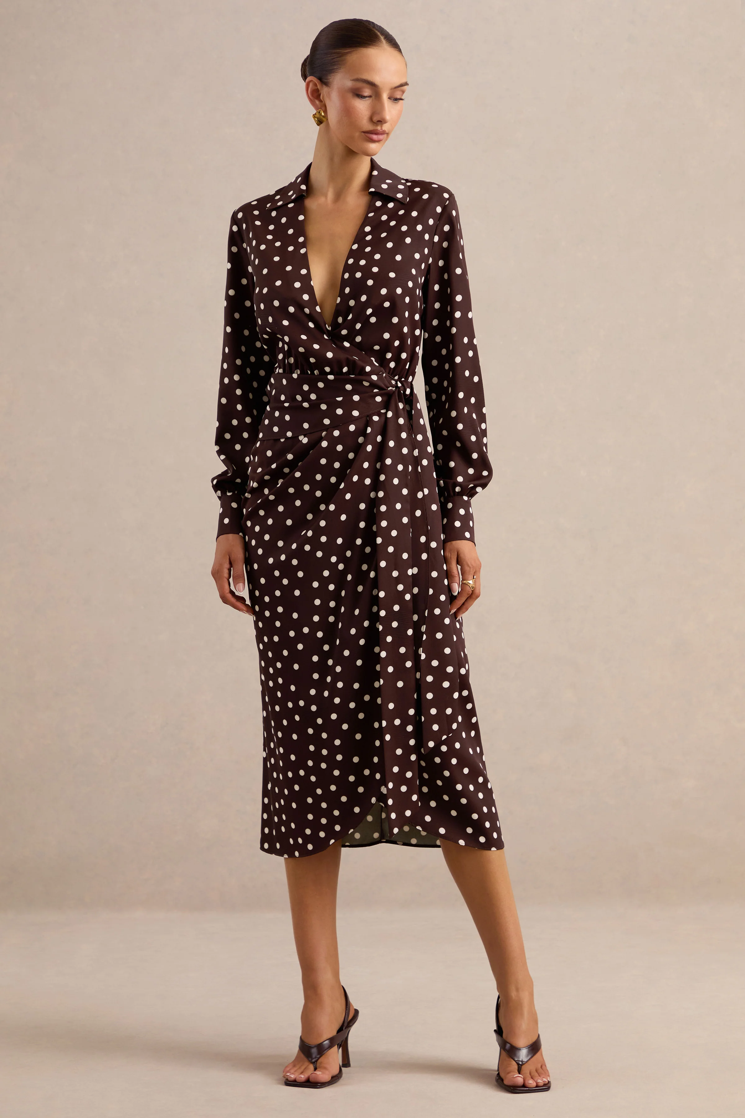 Amarosia | Brown Polka-Dot Wrap Shirt Midi-Dress