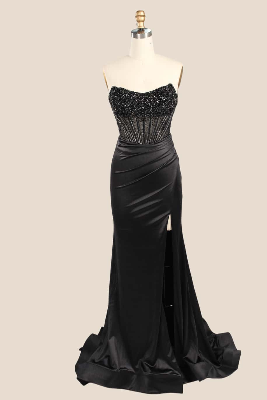 Rhinestones Pink Satin Ruched Slit Long Dress