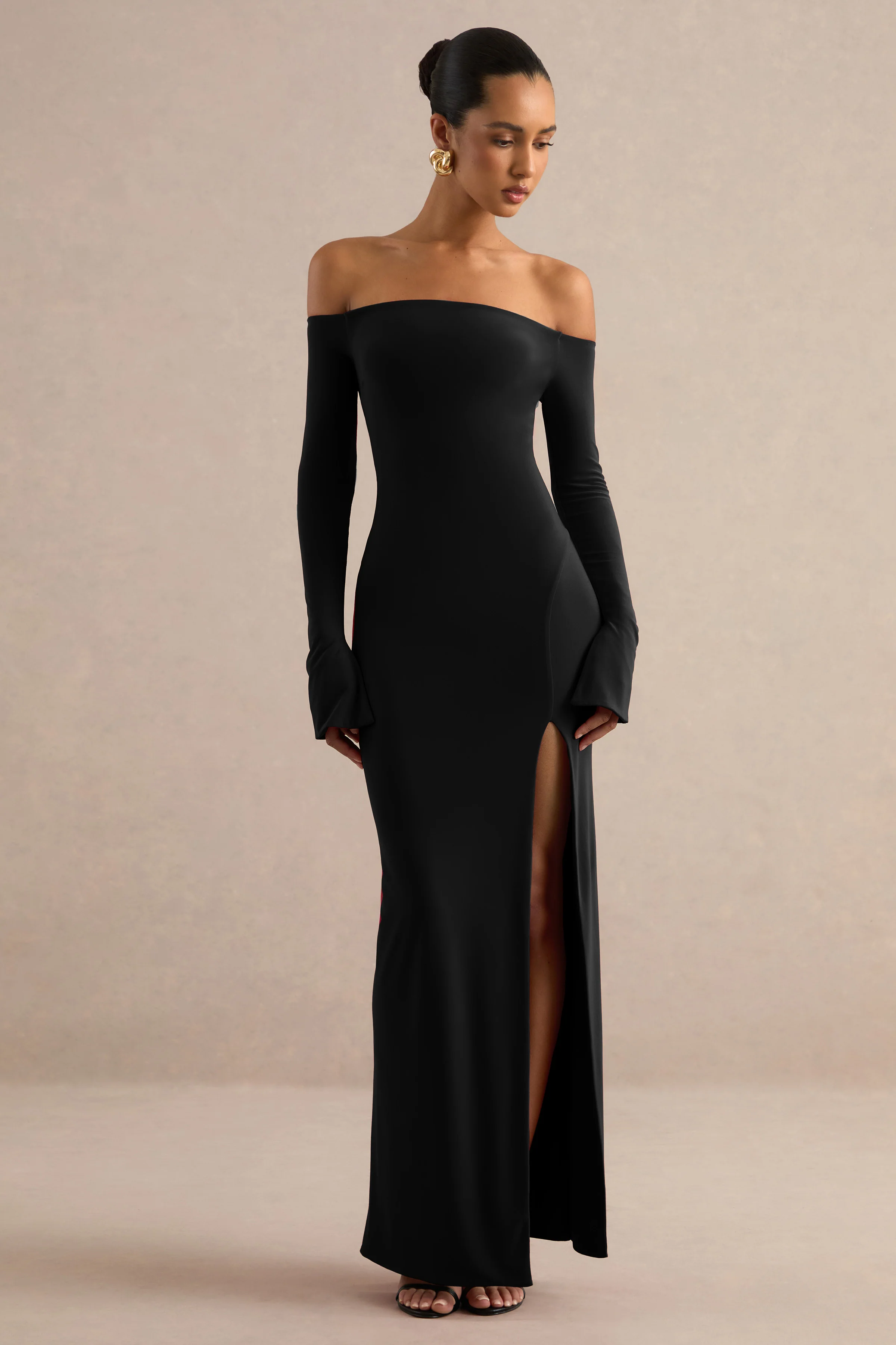 Liviae | Black Jersey Bardot Bell Sleeve Maxi Dress With Split
