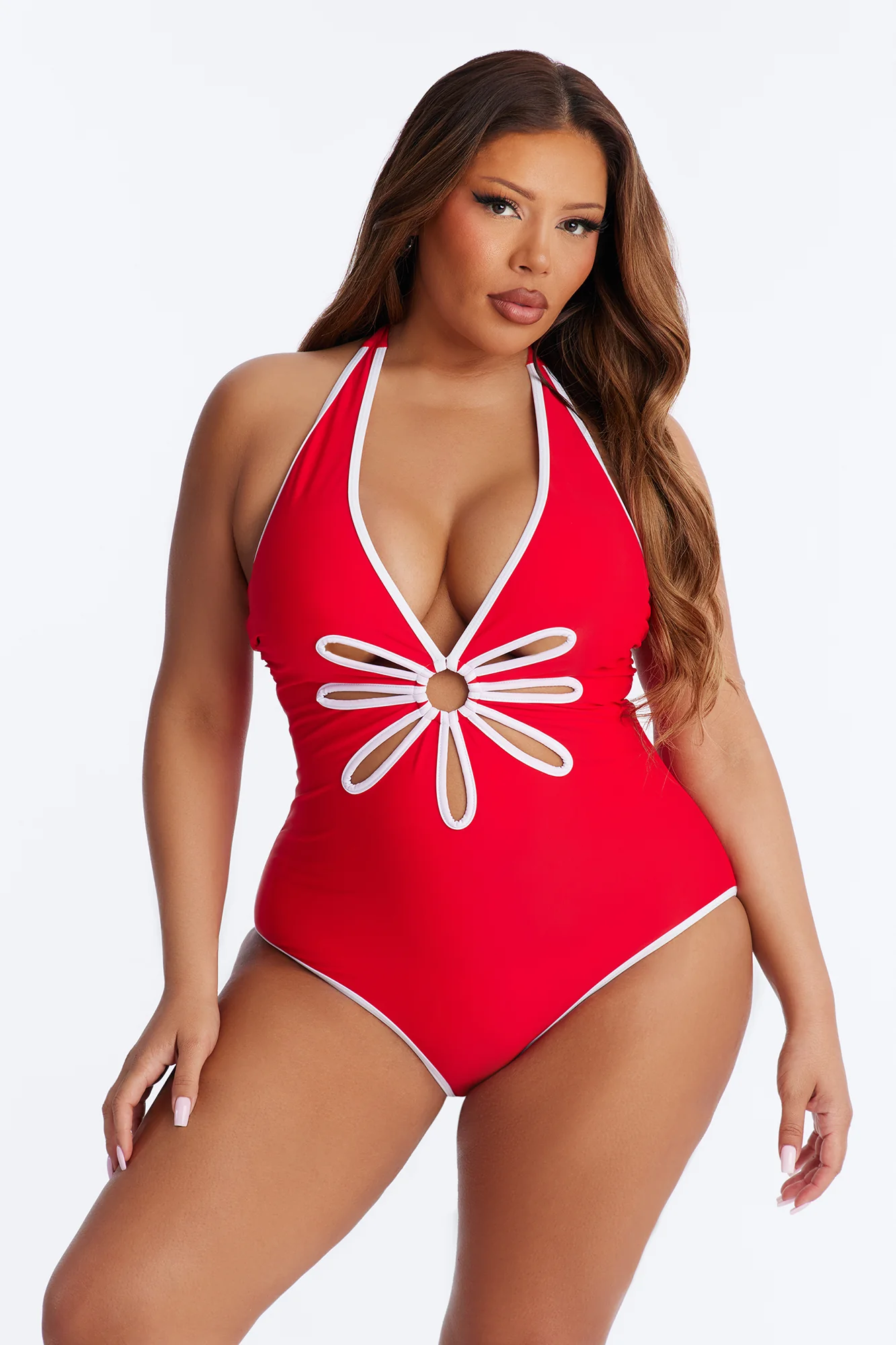 Sun Flower Babe Cut Out 1 Piece Plunge Swimsuit - Red