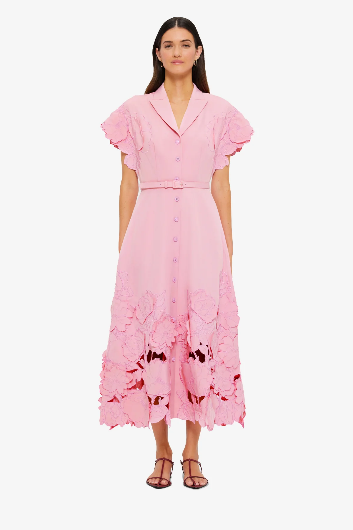 Aubrey Appliqué Shirt Midi Dress - Flamingo
