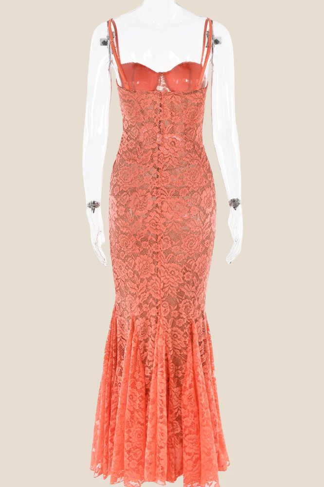 Spaghetti Straps Orange Lace Mermaid Long Dress