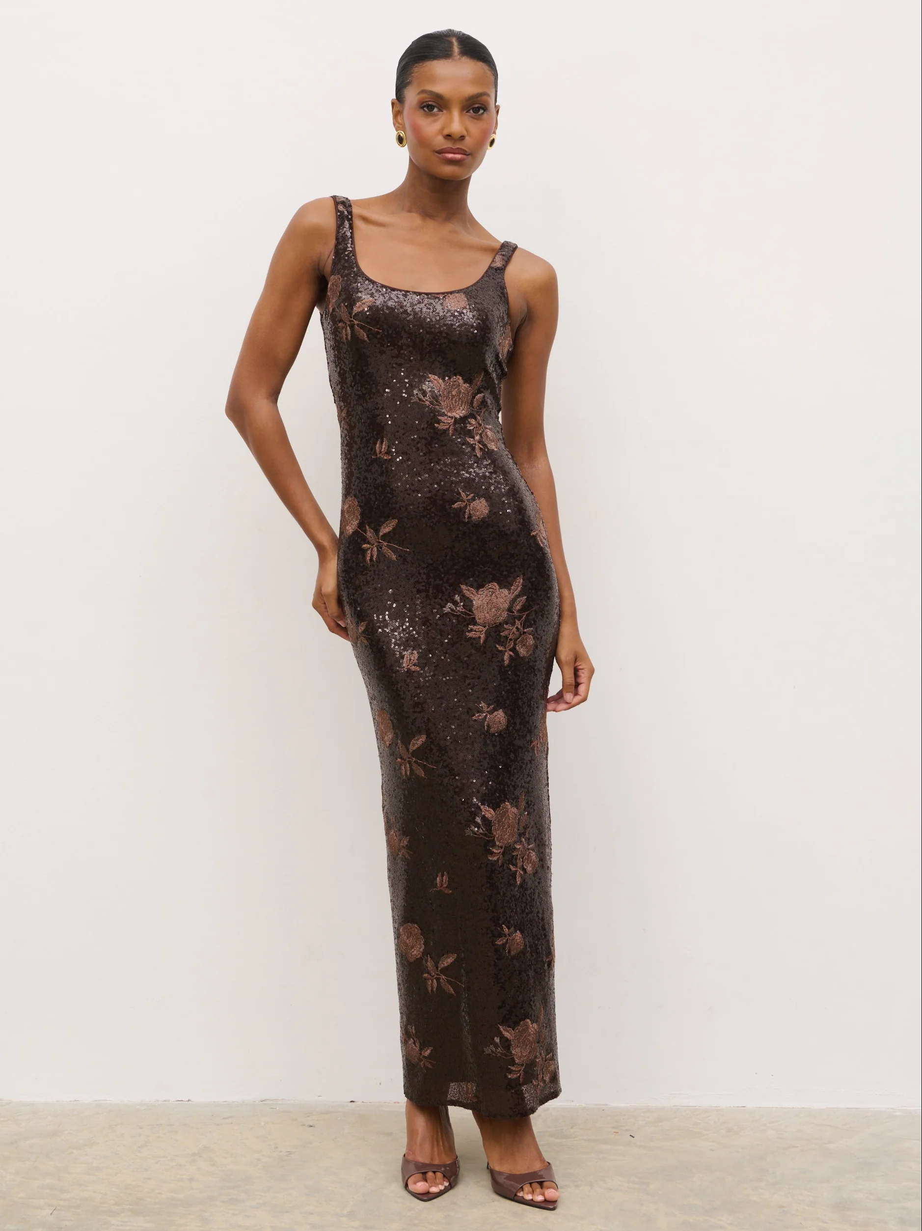 Zia Sequin Maxi Dress - Brown Floral Sequin