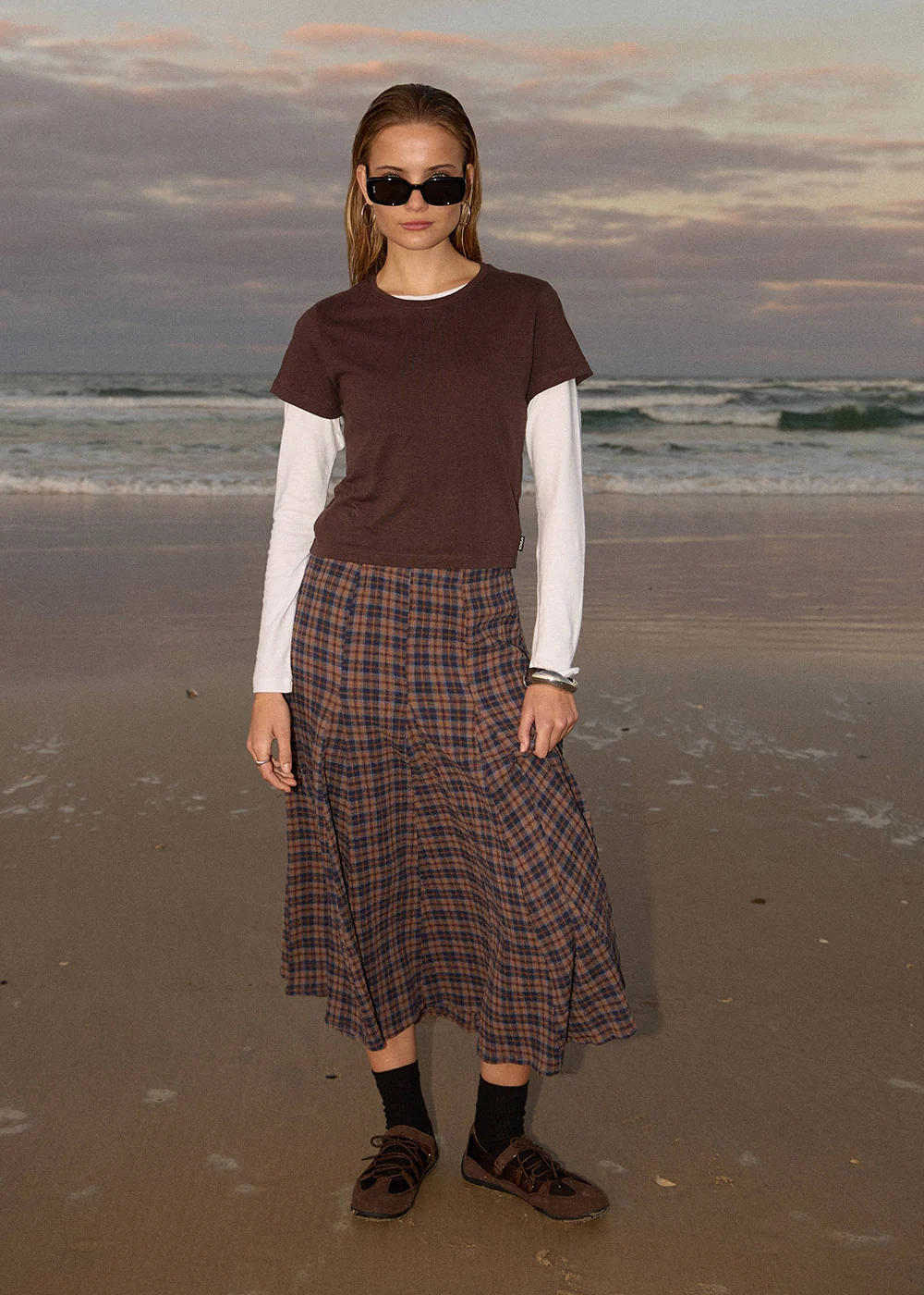 AFENDS Womens Lana - Seersucker Midi Skirt - Shev Indigo Check