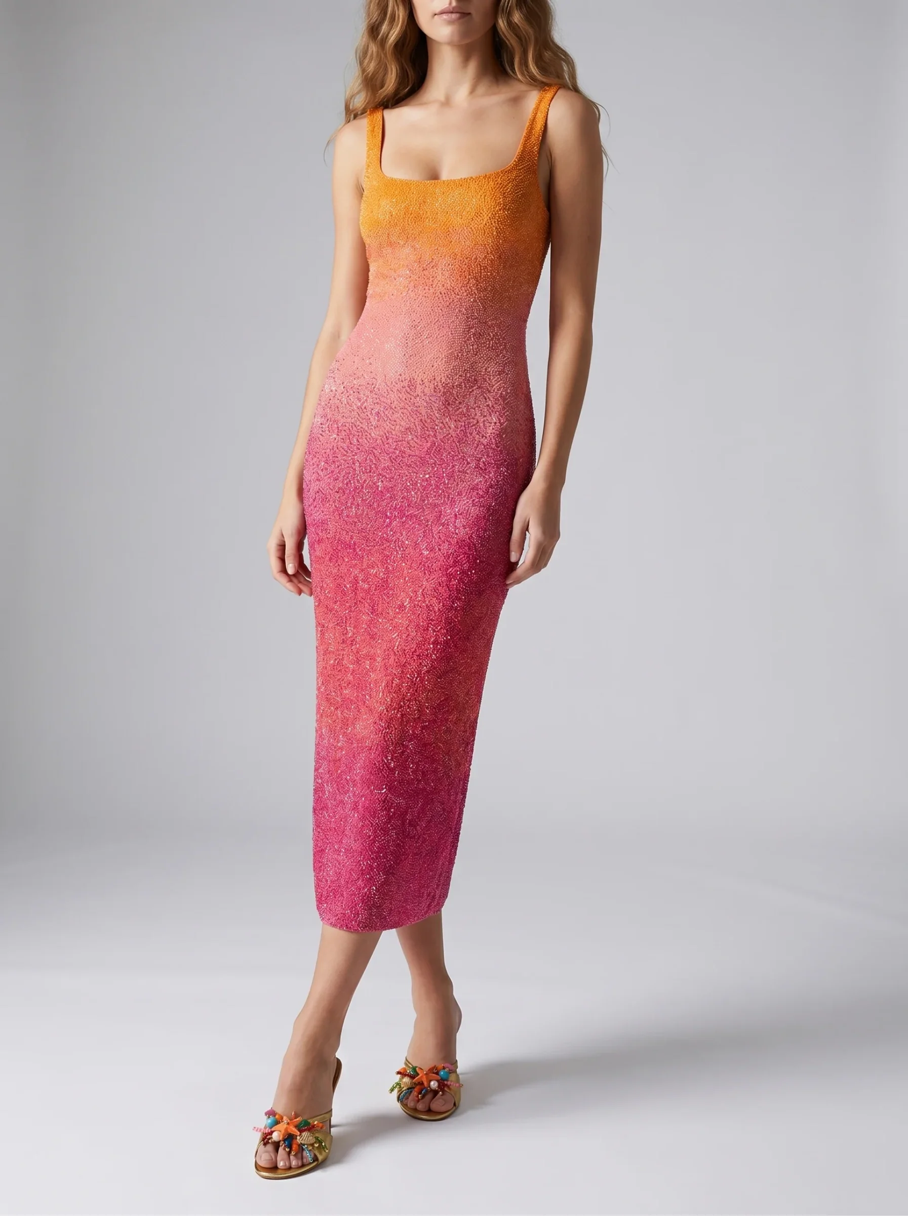 Sofia Hand Beaded Party Dress Orange Pink Ombre MAXI DRESS