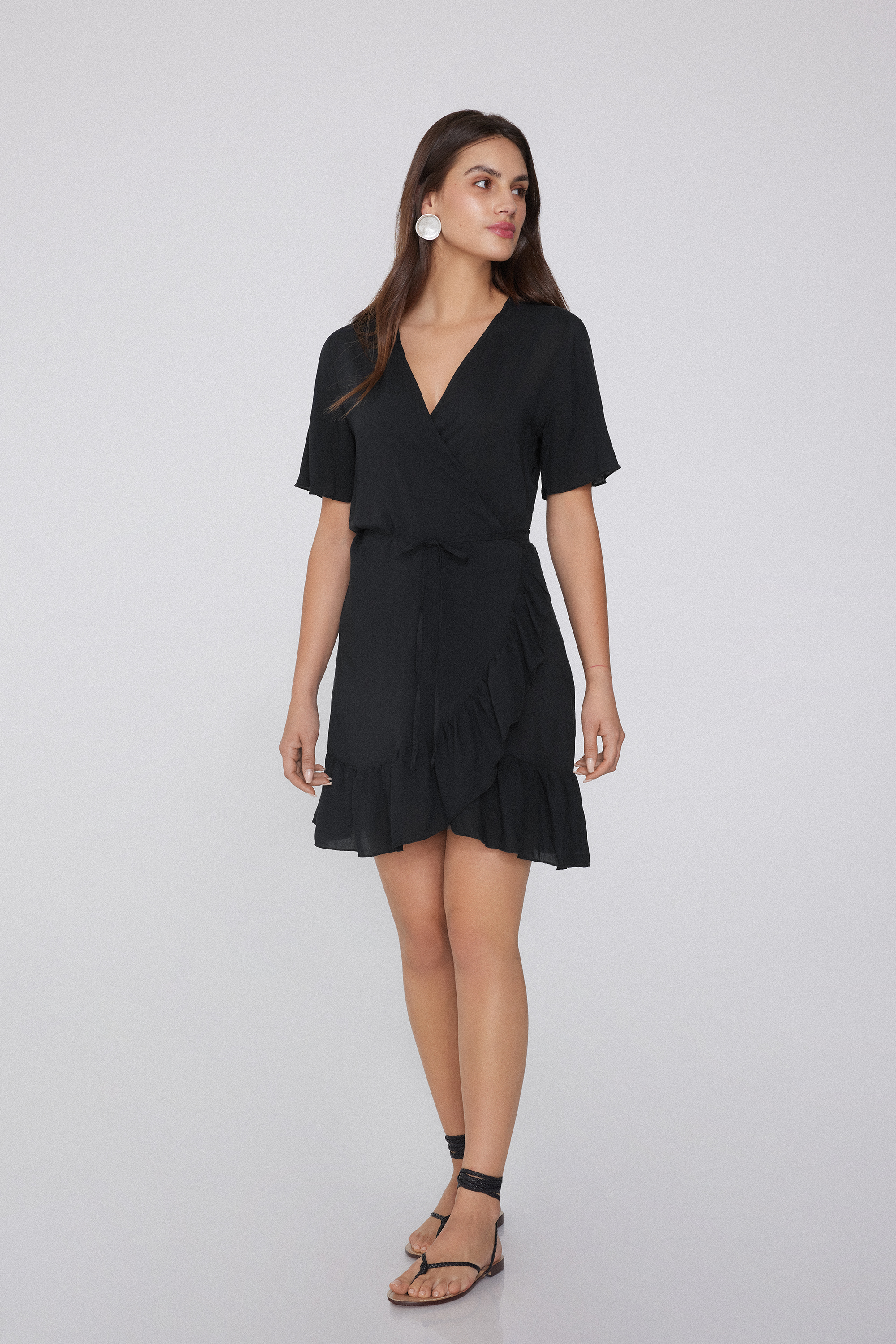 Short Viscose Canvas Wrap Dress with Short Sleeves