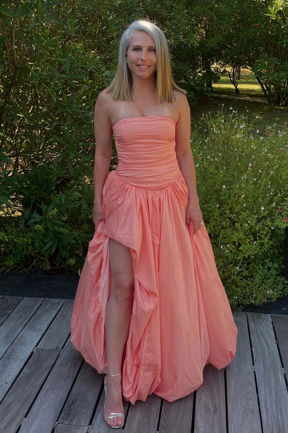 Strapless Peach Ruched Slit Party Dress