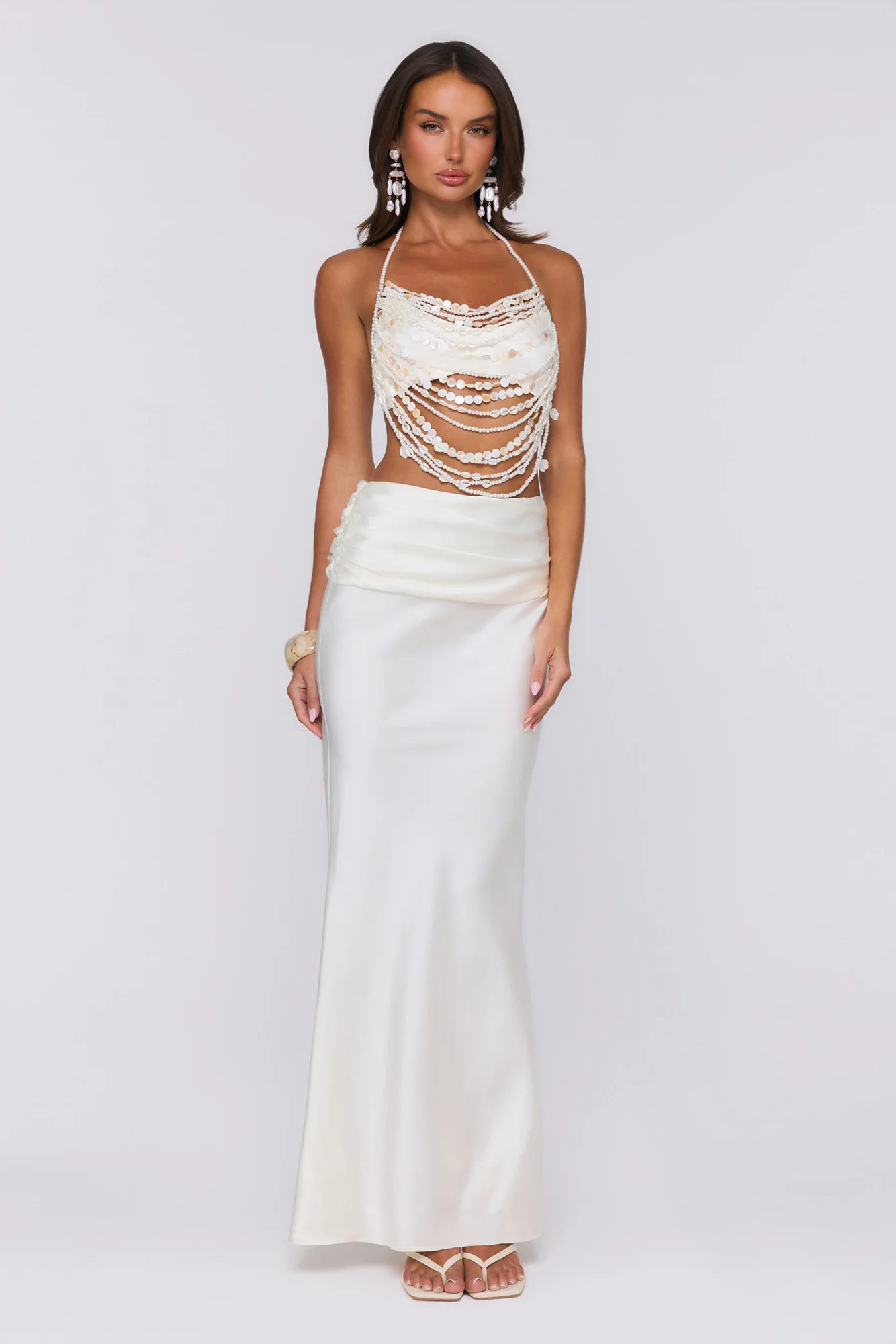 Sea Silky Pearl Beaded Halter Top Ecru White