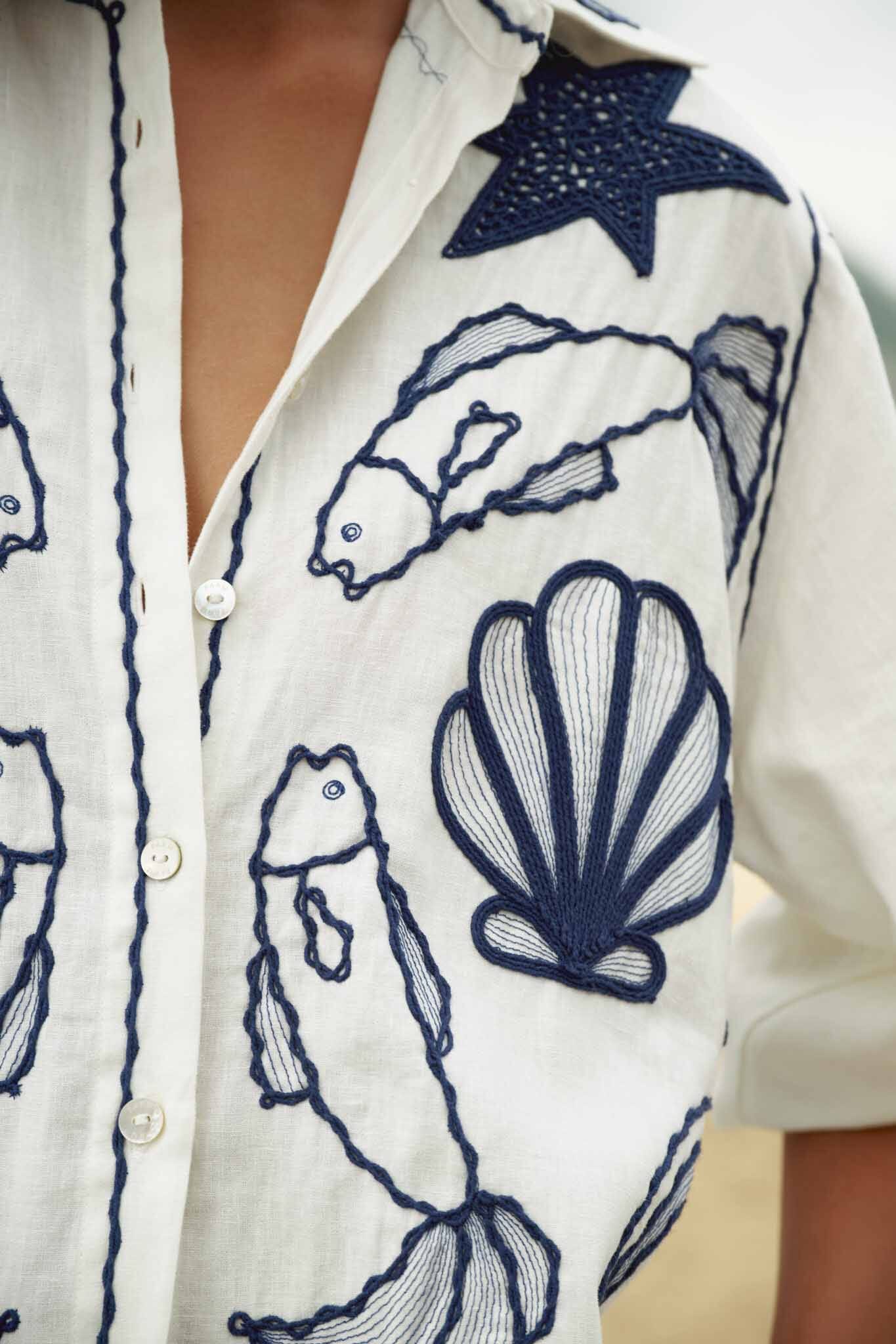 Off-White Fresh Fish Embroidered Puff Sleeve Shirt