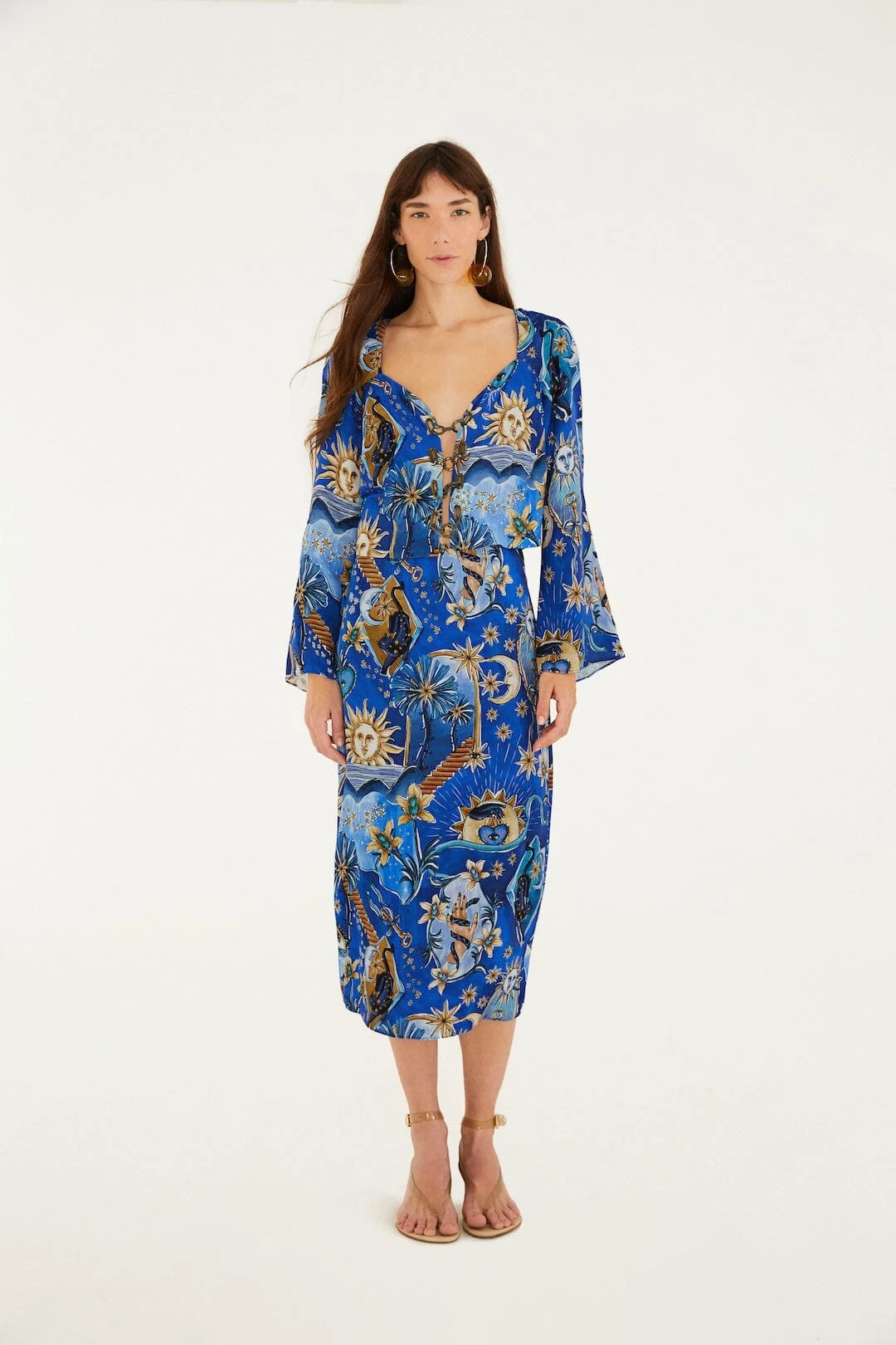 Blue Mystical Front Cut-Out Crop Blouse and Skirt Set