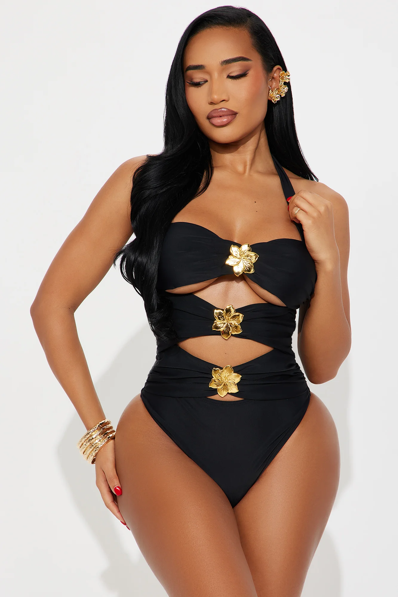 Summer Flower Hardware Cutout 1 Piece & Cover Up Skirt Set - Black