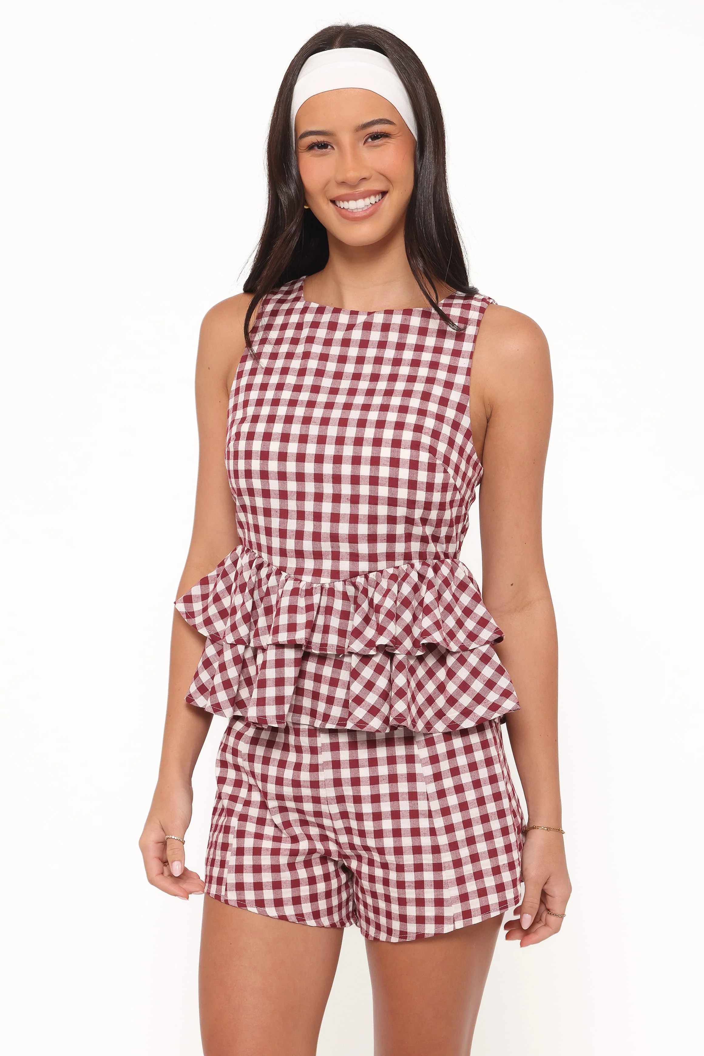 Landon Tiered Peplum Top - Burgundy Gingham