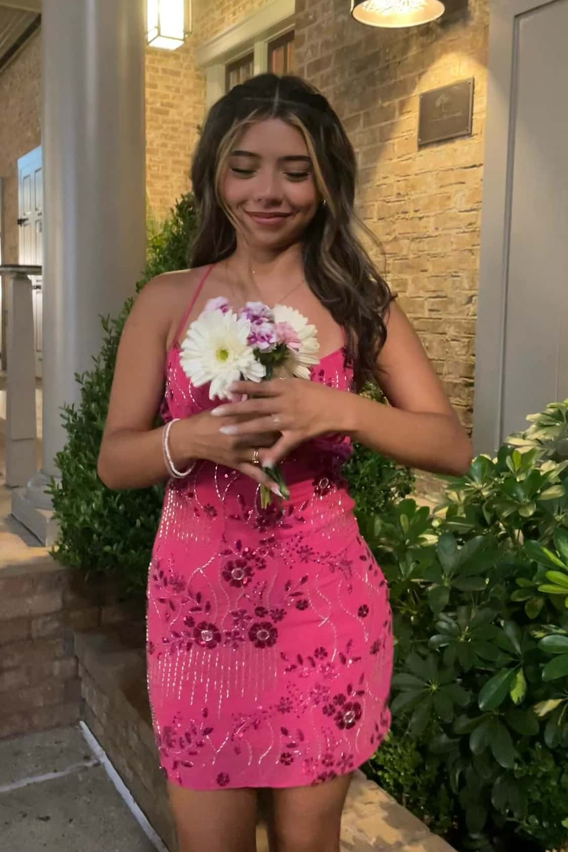 Spaghetti Straps Beaded Fuchsia Mini Dress