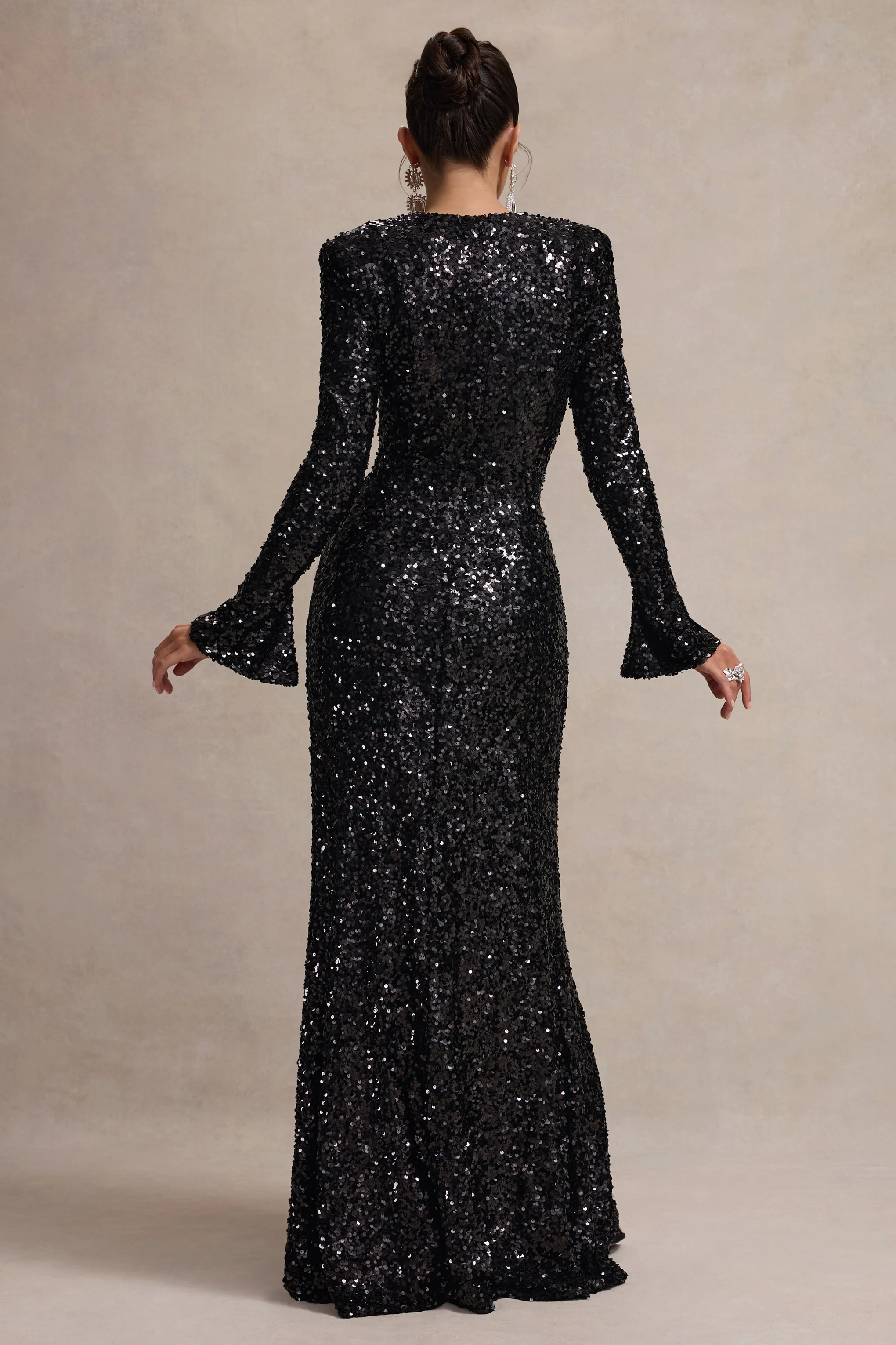 Wild Dream | Black Sequin Plunge-Neck Ruffle Split Maxi Dress