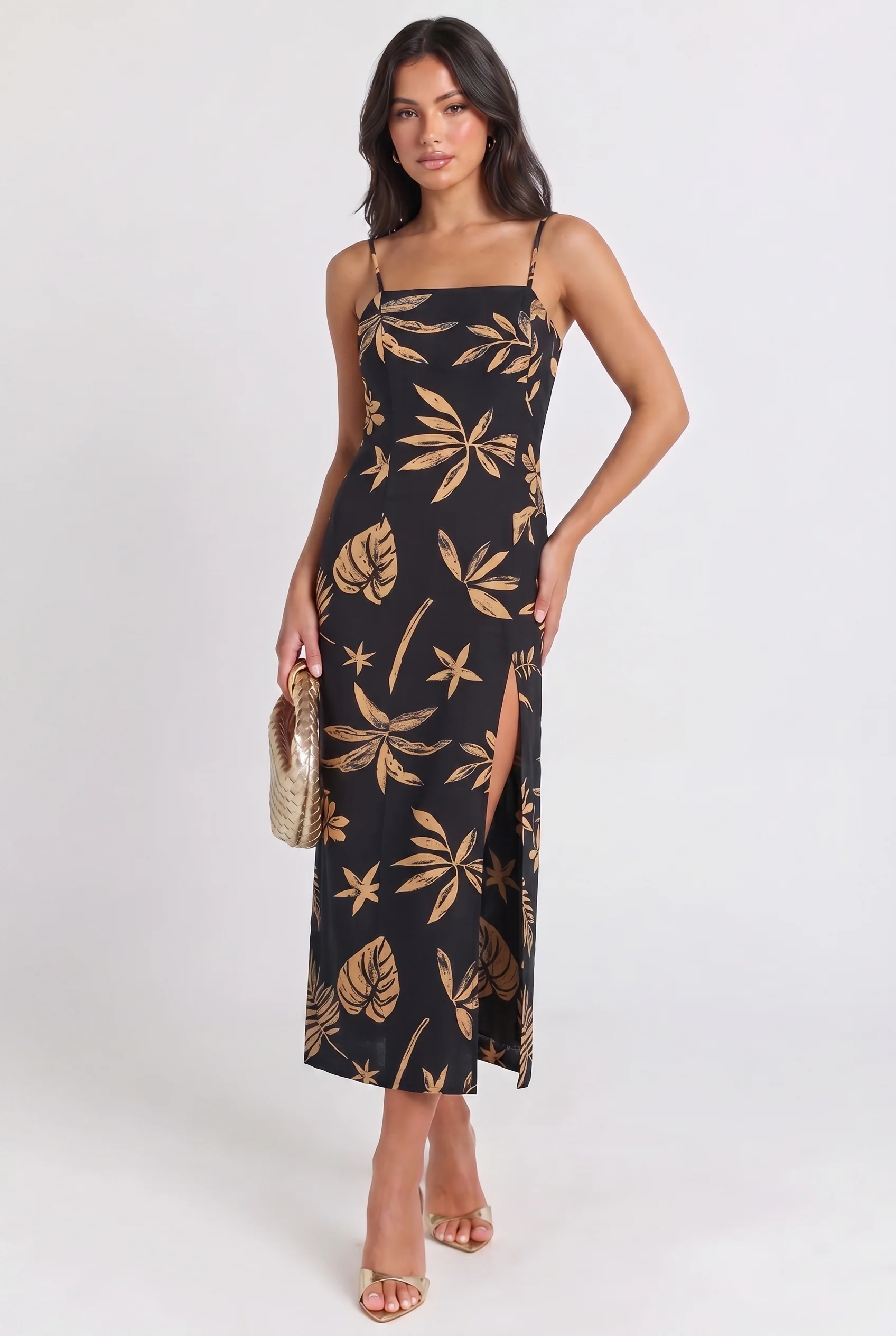 Golden Palm Nights Midi Dress
