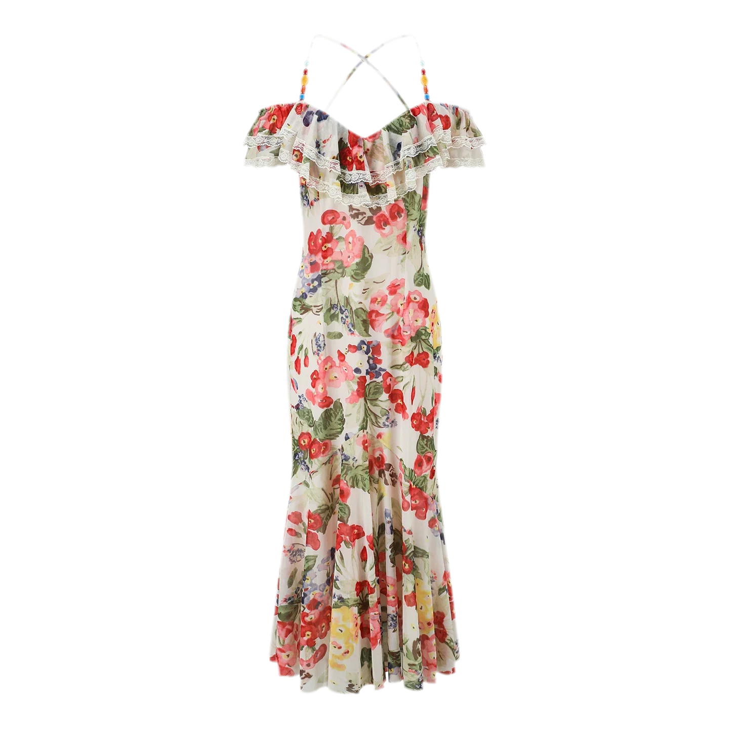 Floral Ruffle Mesh Maxi Dress