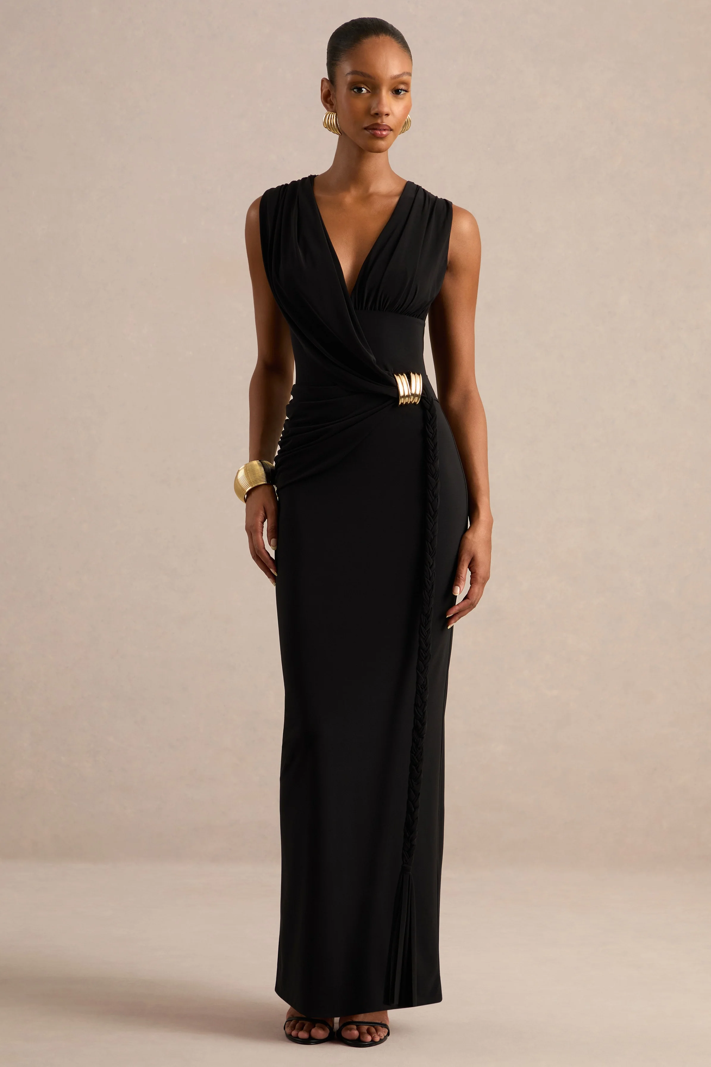 Nalina | Black Jersey Ruched Plunge Maxi Dress With Gold Trim And Braided Sash Detailing