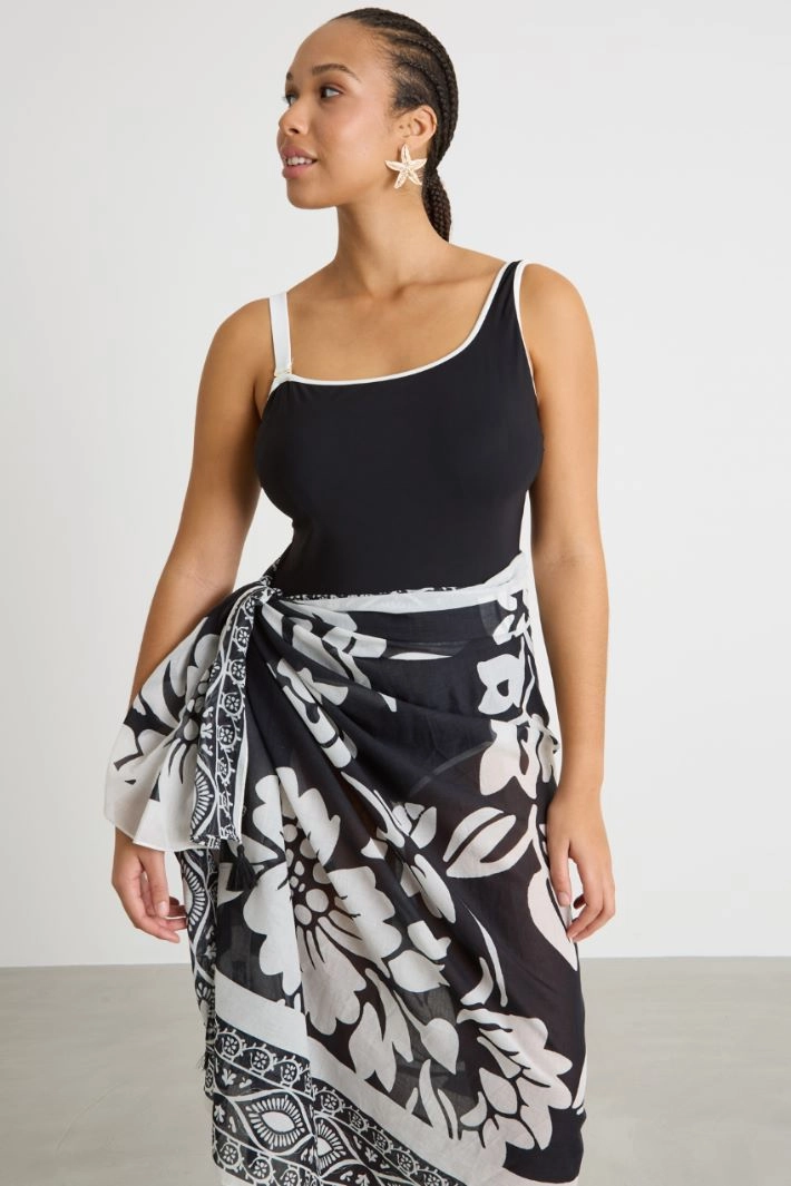 Printed cotton pareo - WHITE BLACK