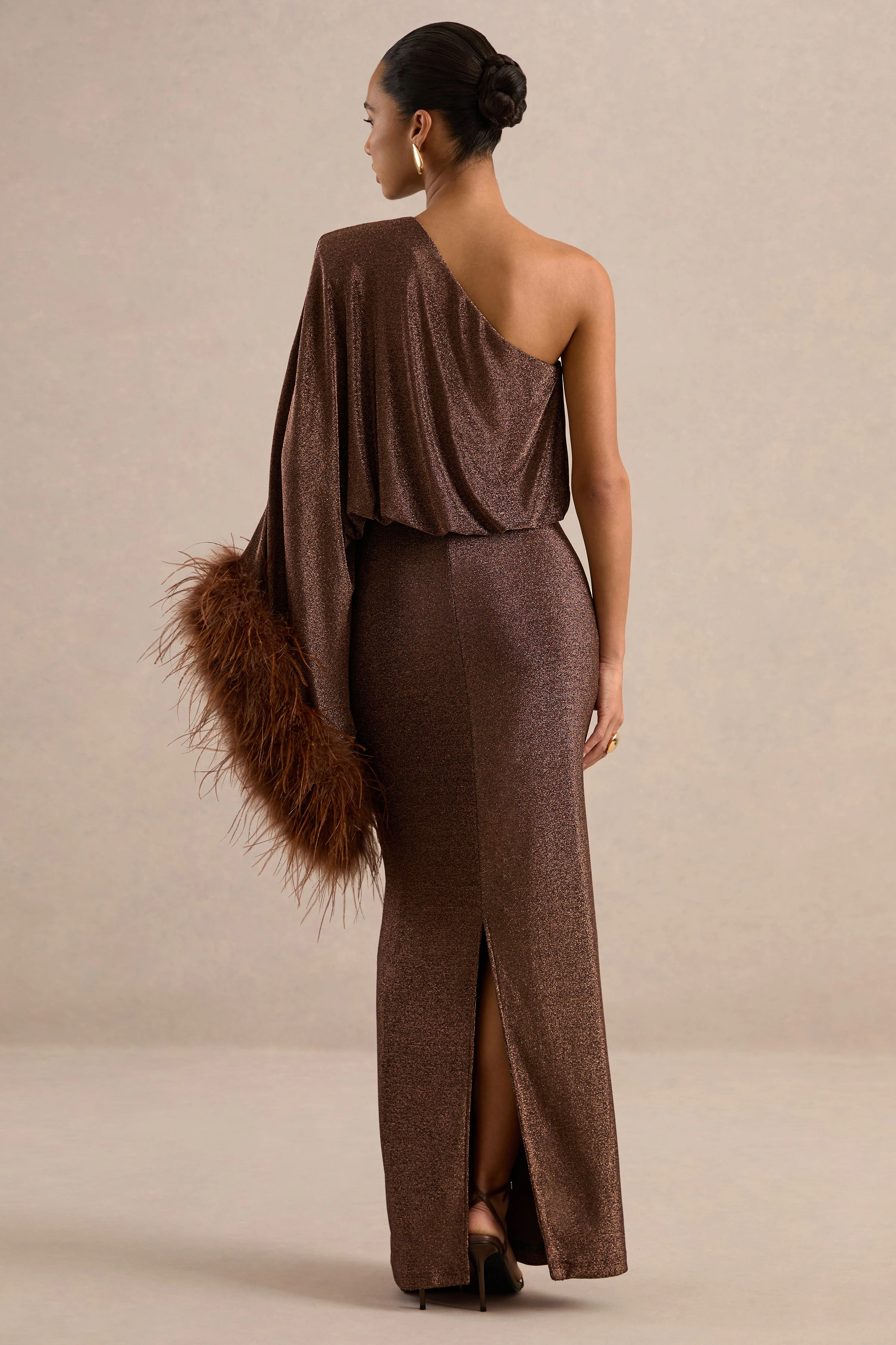 Galena | Brown Glitter One Sleeve Maxi Dress With Feather Detailing