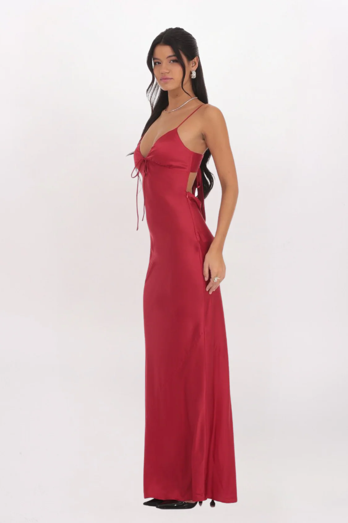 TIE FRONT SATIN MAXI DRESS