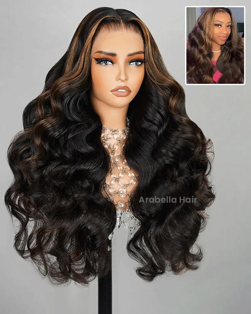 Ophirawig 6x5 invisible knots Glueless Auburn Highlights on Black Hair Body Wave Wig Invisible Knots Realistic Hairline