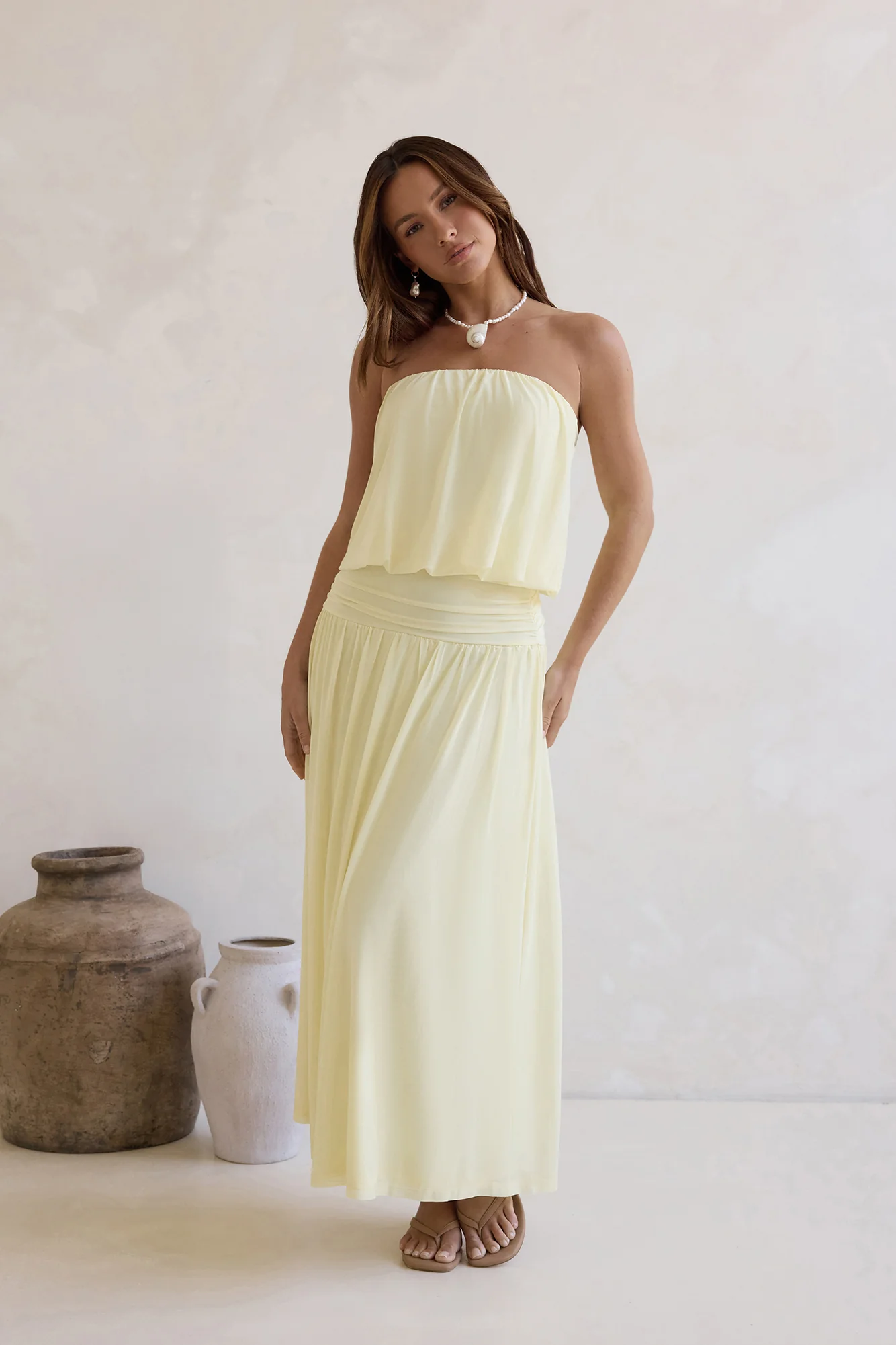 Calling Me Mesh Strapless Maxi Dress Yellow