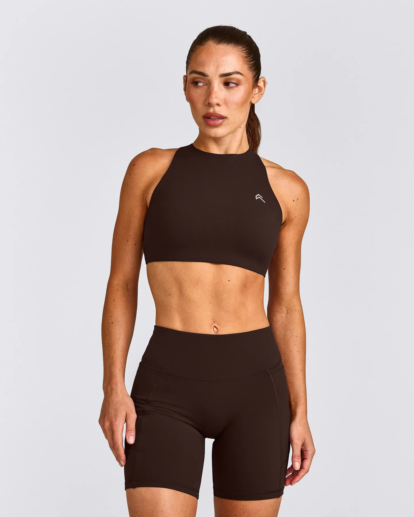 EasyLift™ High Neck Sports Bra with Grey Logo | 70% Cocoa