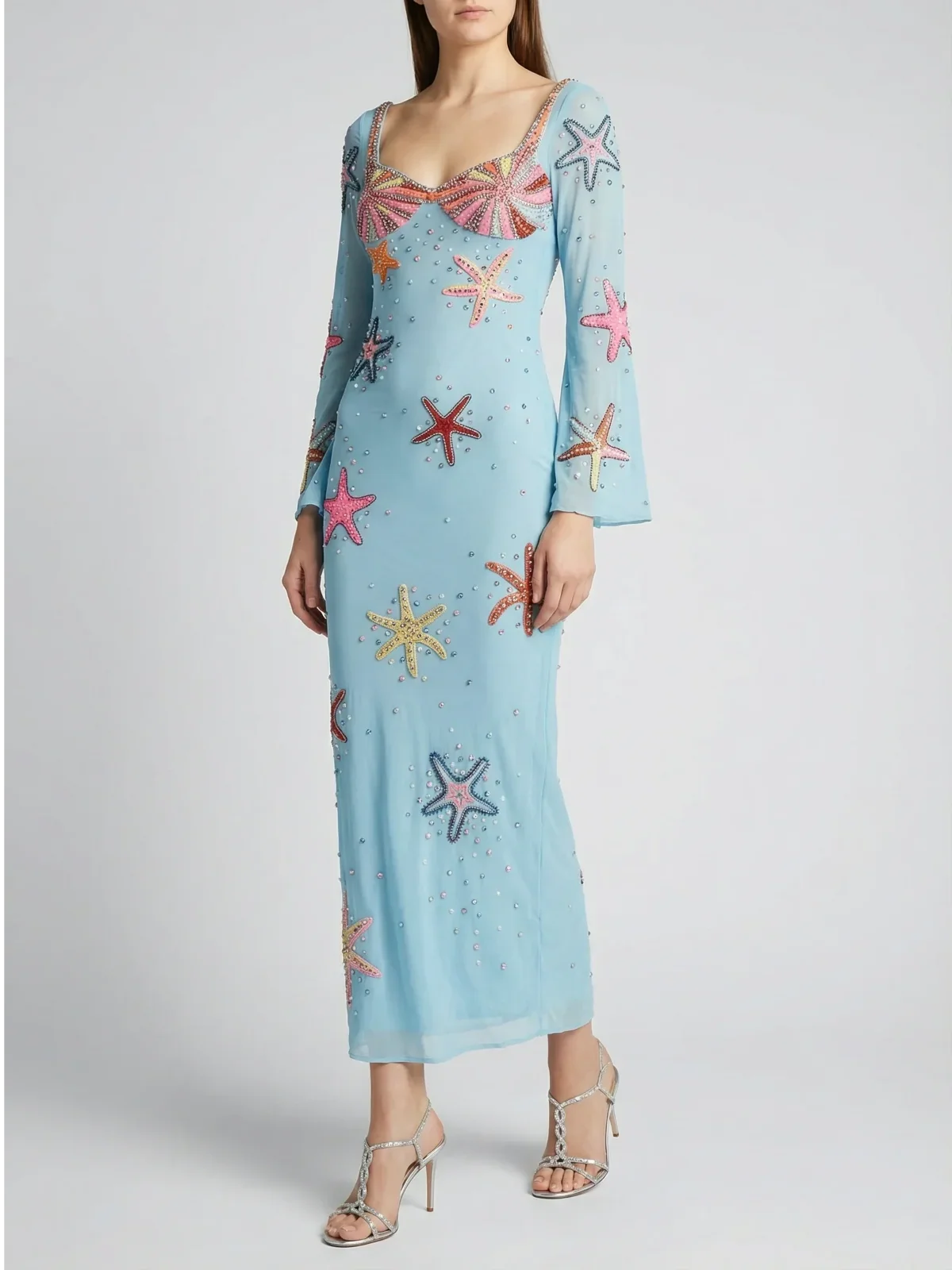 Crescent Shell Bell Sleeve Dress - Blue in Stock