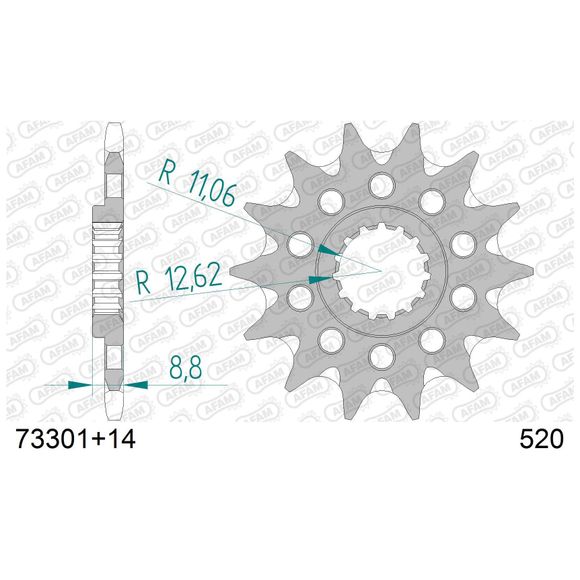 Gearbox output pinion AFAM STEEL 520 ANTI MUD 14 TEETH - GrayRef: AA0060 / 73301+14